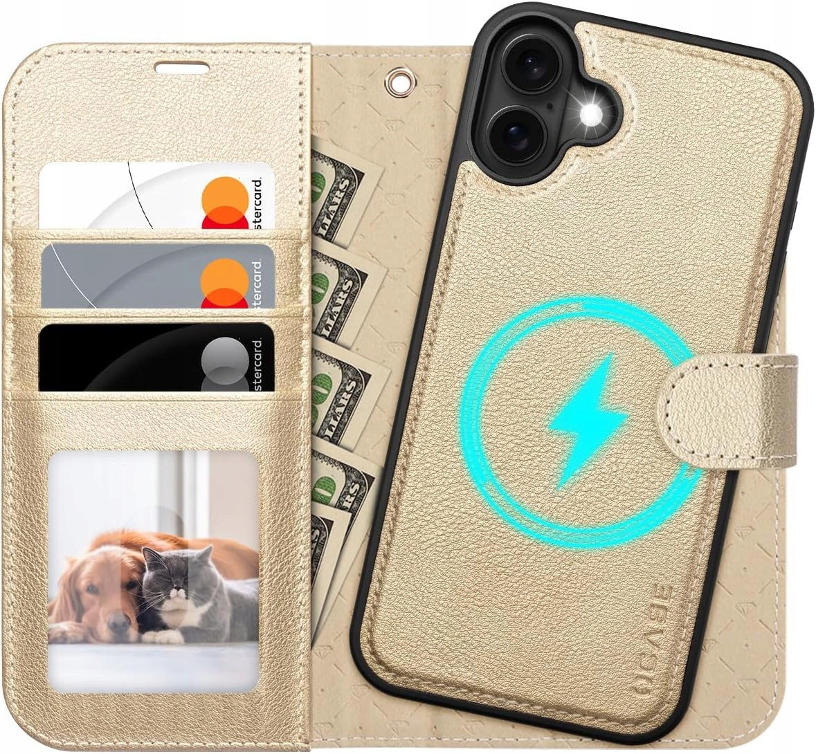 Ocase kožené pouzdro pro iPhone 16 Magsafe stojan porfel zlatý 2v1 řemínek