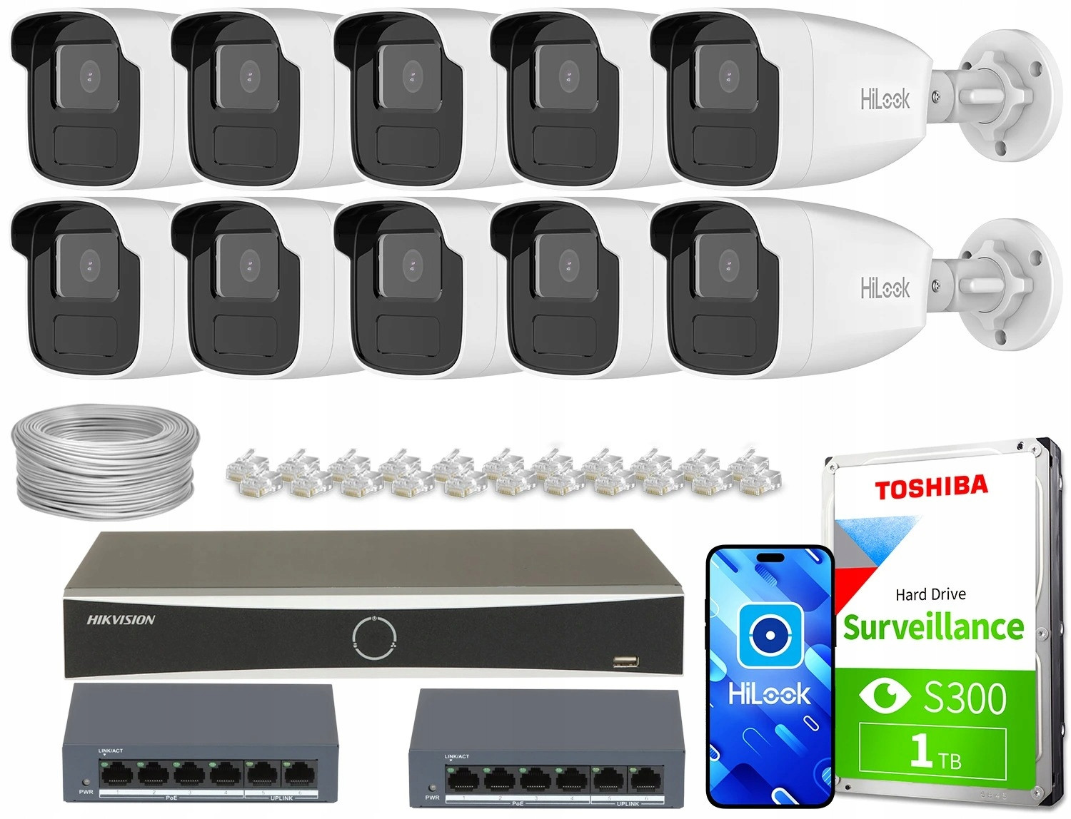 Monitorovací sada dům firma 10x IPCAM-B2-50IR DS-7616NXI-K1(D) IR50 switch