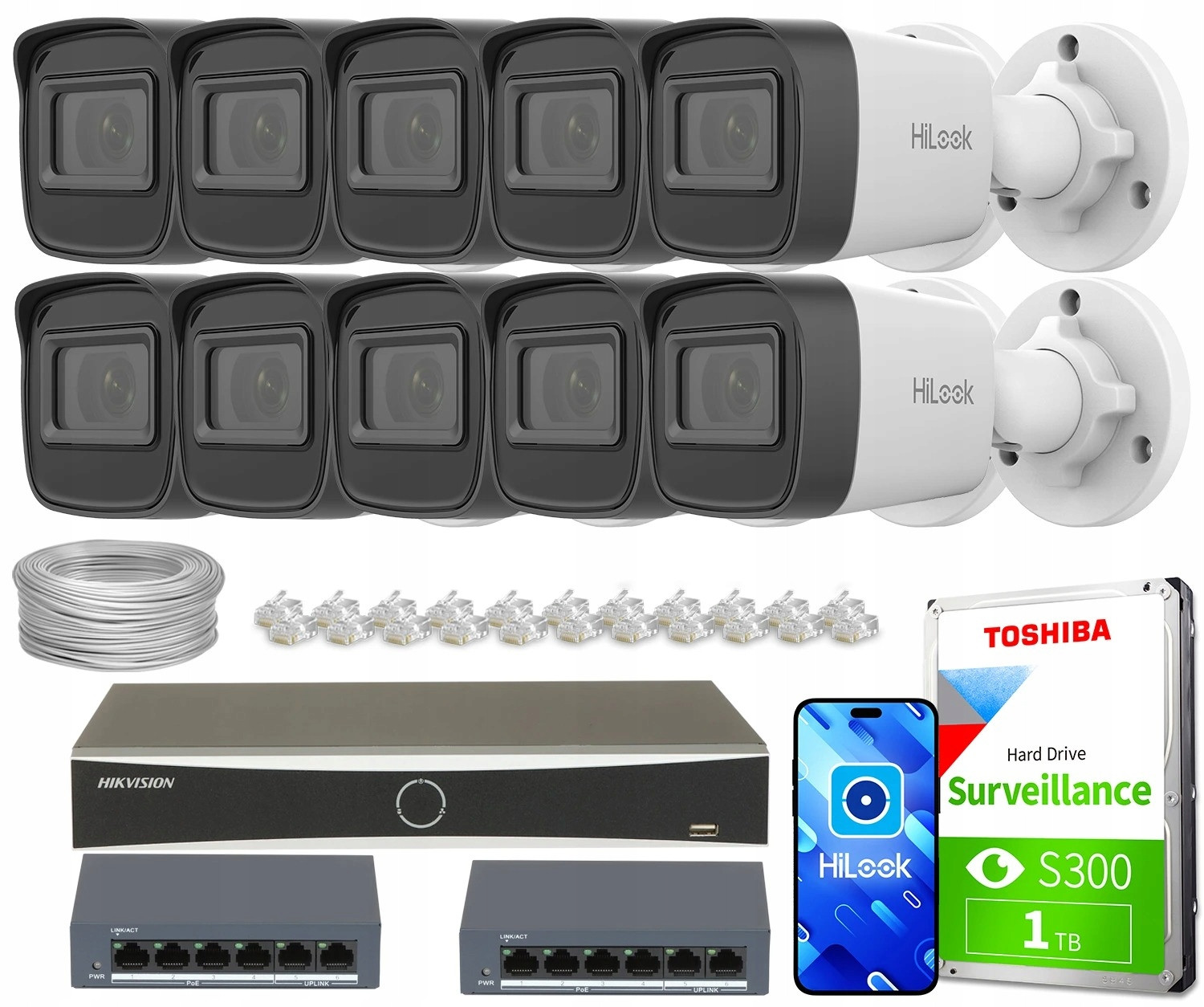 Monitorovací sada firma dům kamery 10x IPCAM-B4-P 2K+ PoE Ir 20m HiLook