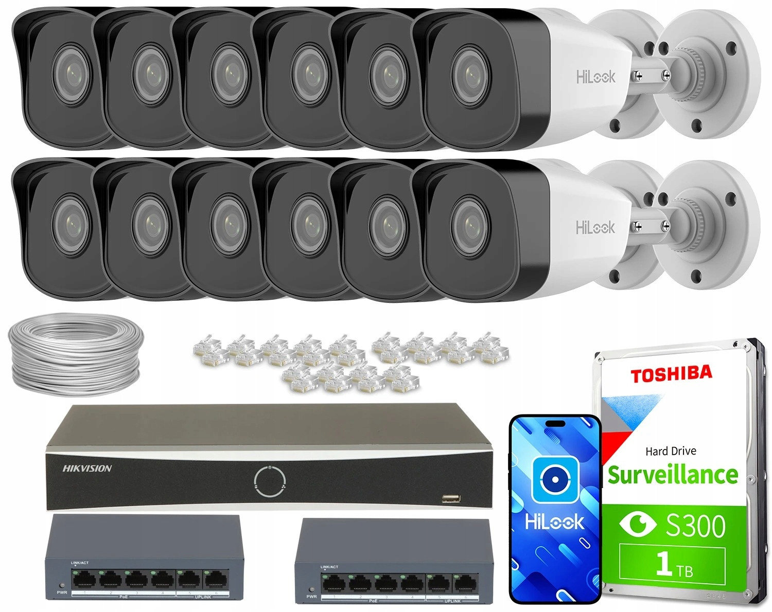 Monitorovací sada dům firma obchod kamera 12x IPCAM-B5 5MPx Ir 30m switch