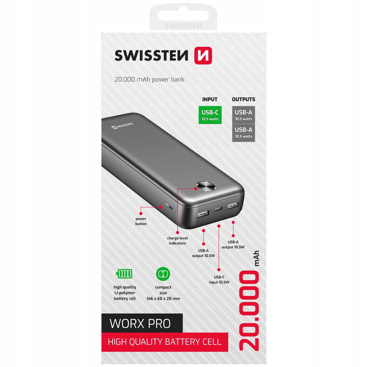 Swissten Powerbanka Swissten Power Bank 20000 mAh Worx Pro Černá 22013961