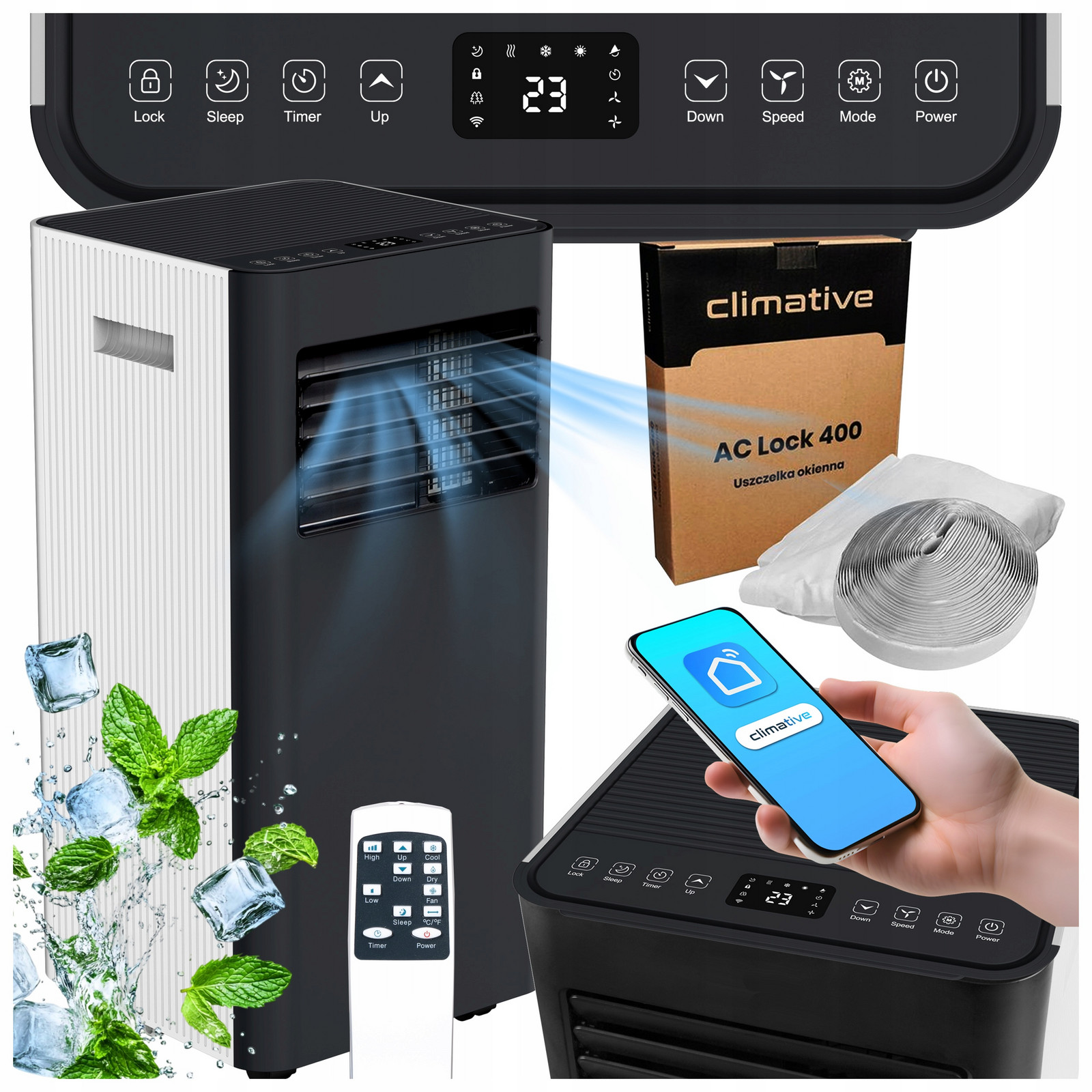 Přenosný klimatizátor Duo 3kW WiFi 3v1 tichý odvlhčovač 24 l těsnění 30 m2