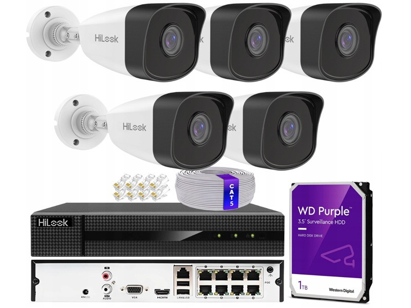 Kamerový monitorovací set 4x IPCAM-B5 5MPx Ir 30m NVR-4CH-5MP/4P HiLook