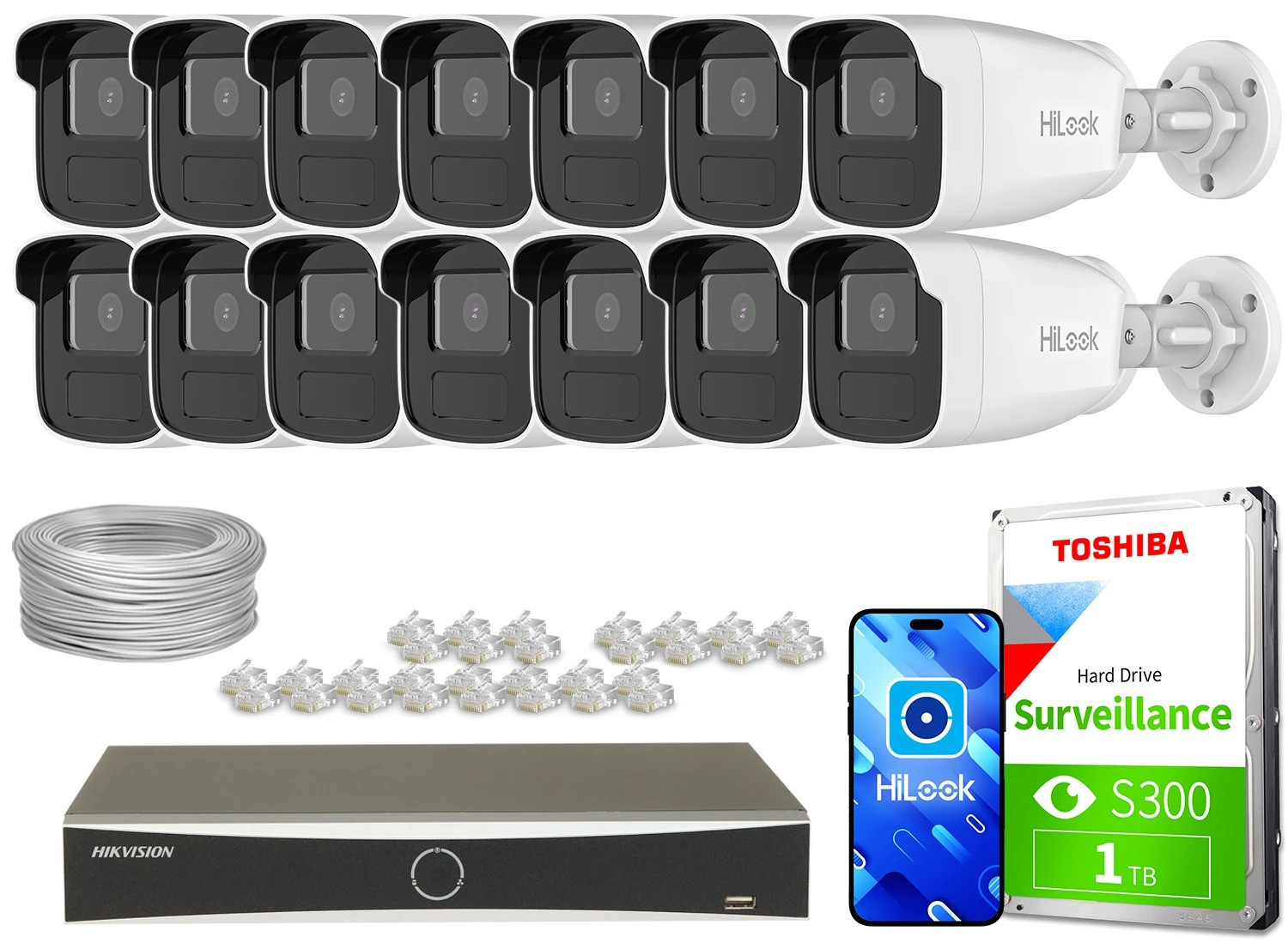 Monitorovací sada dům firma 14x IPCAM-B2-50IR DS-7616NXI-K1(D) IR50 switch