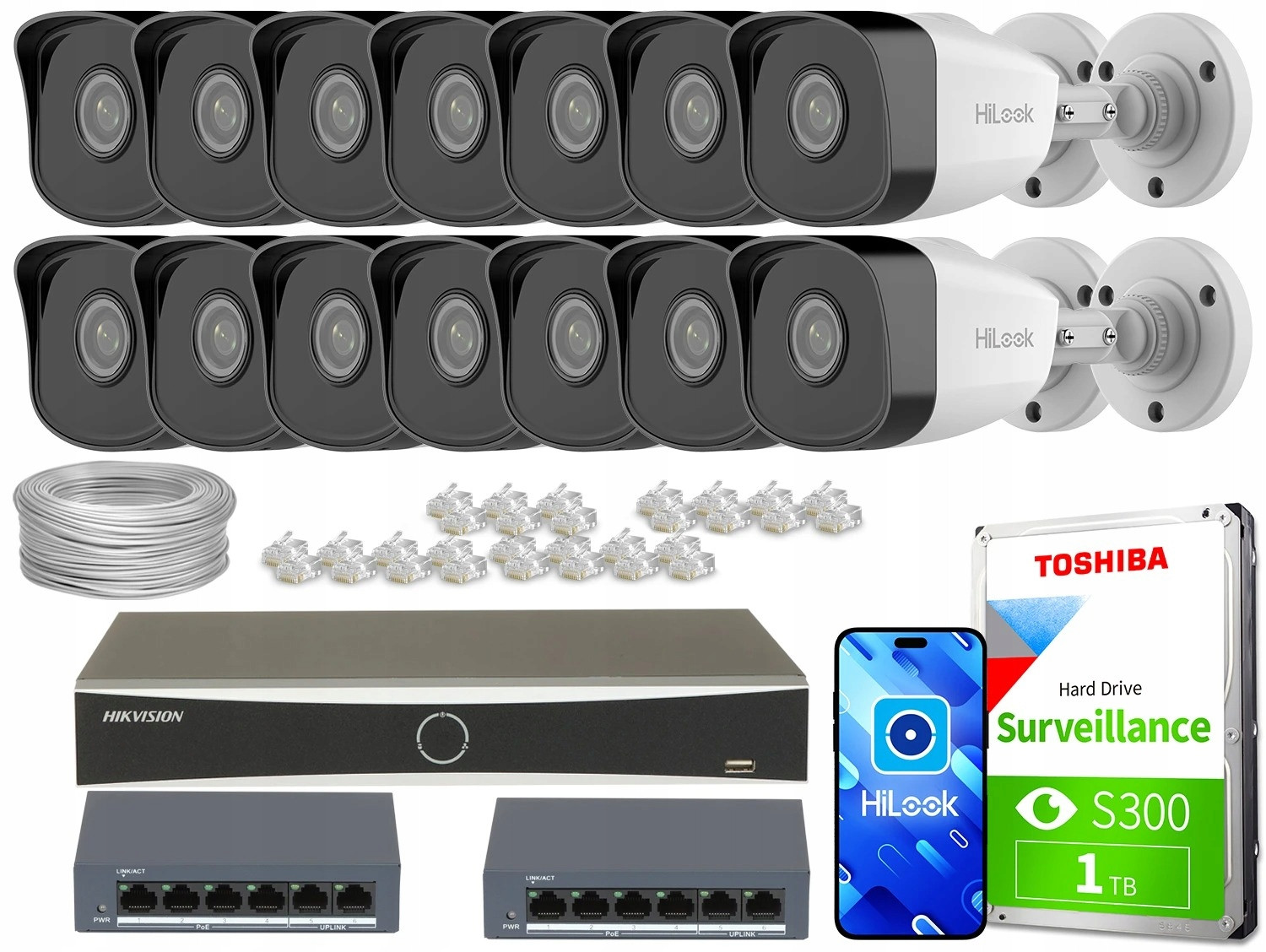 Monitorovací sada dům firma kamery 14x IPCAM-B2 Full Hd PoE Ir 30m switch