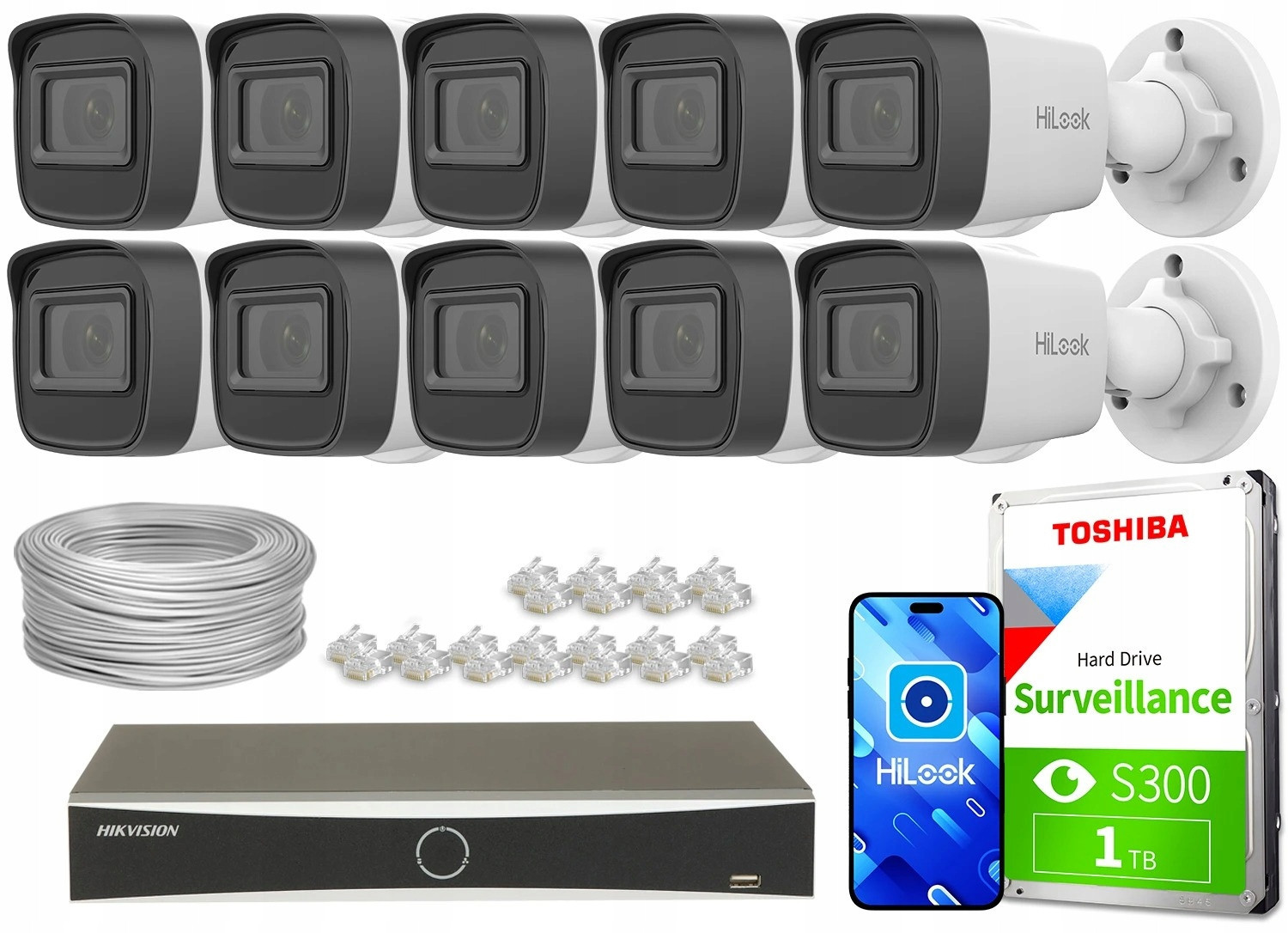 Monitorovací sada firma dům kamera 10x IPCAM-B4-P 2K+ PoE Ir 20m HiLook