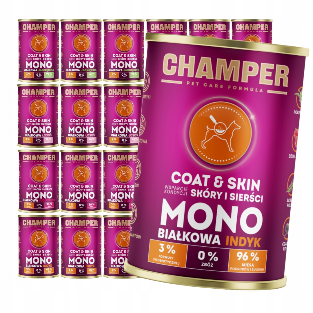 Champer Coat & Skin 12x400g Monoproteinové Mokré Krmivo pro psa s krůtím masem
