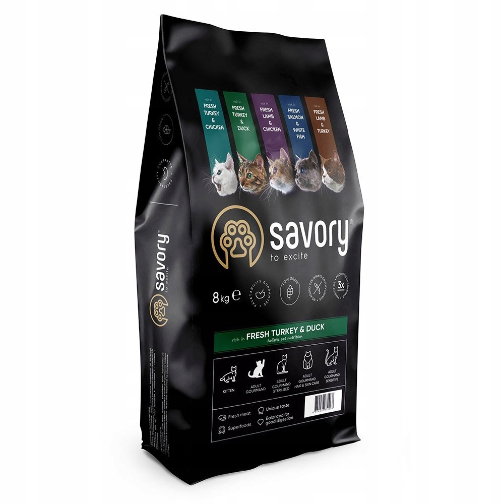 Savory, krmivo krmivo pro dospělé, sterilizované, krůta a kachní kočky, 8 kg