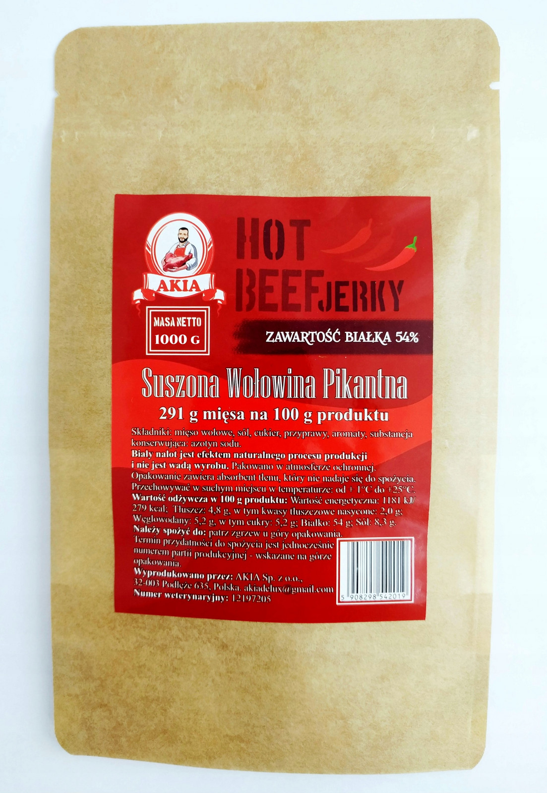 Akia, Sušené hovězí maso, Hot Beef Jerky Paka 1000 g