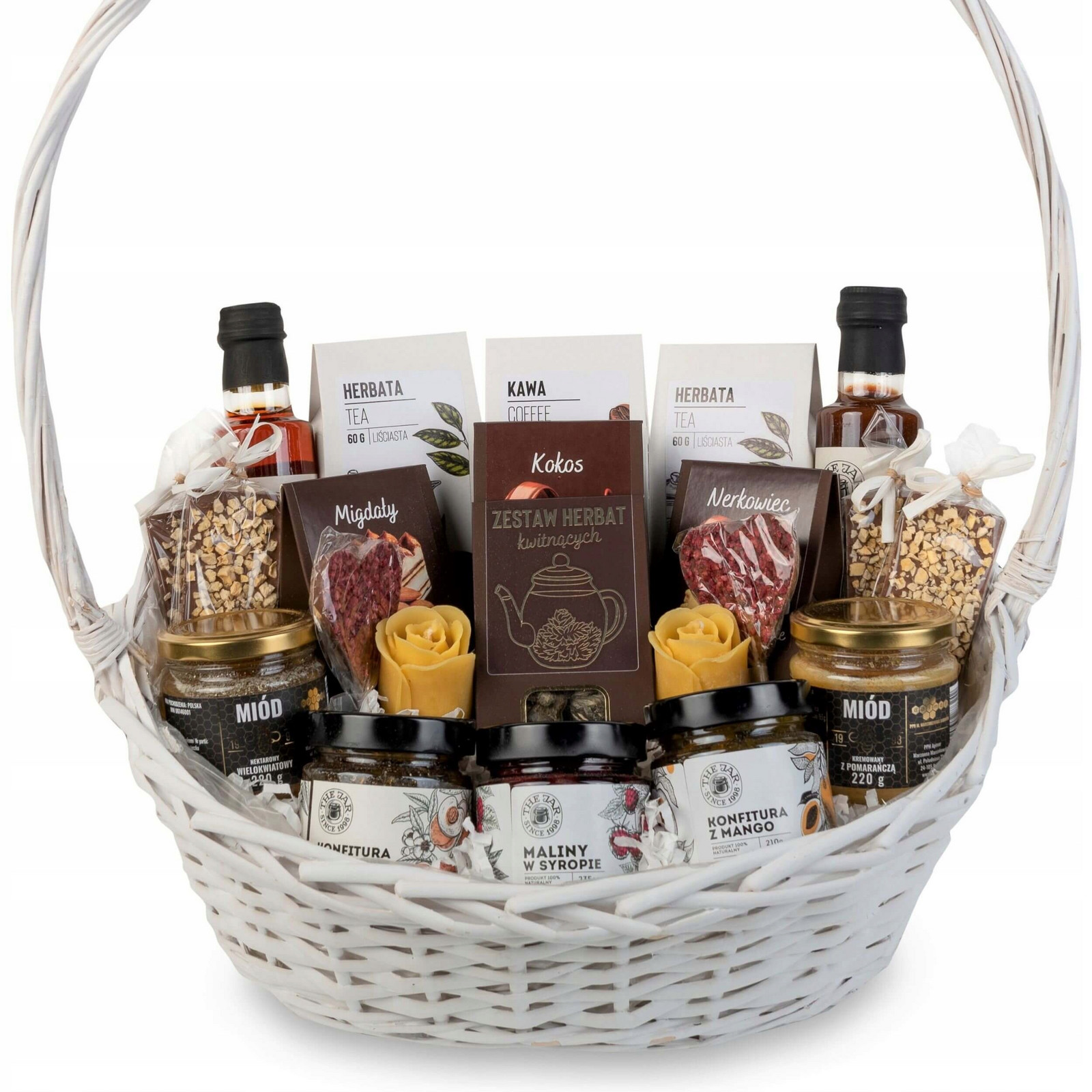Velký dárkový koš bílá sada kvetoucích čajů sladkosti medový sirup