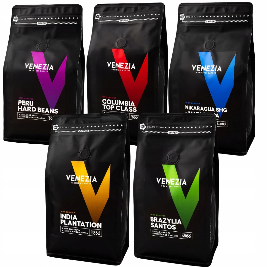 Sada 5 zrnkových káv Venezia Single Origin káva Arabica 5 x 500 g