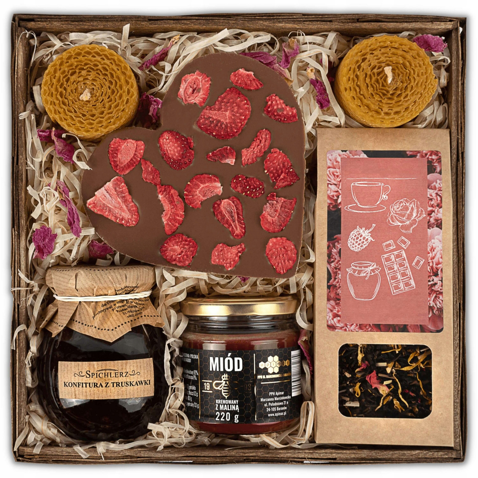 Dárkový koš sada čaj čokoláda med zavařenina svíčky od srdce