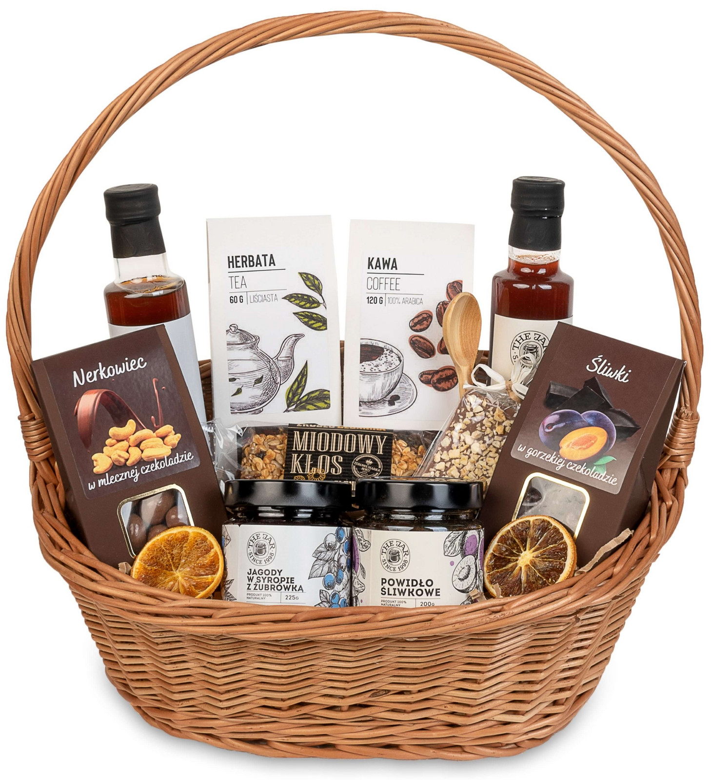 Dárkový koš proutěný set s čajem a kávou bakalie v čokoládě