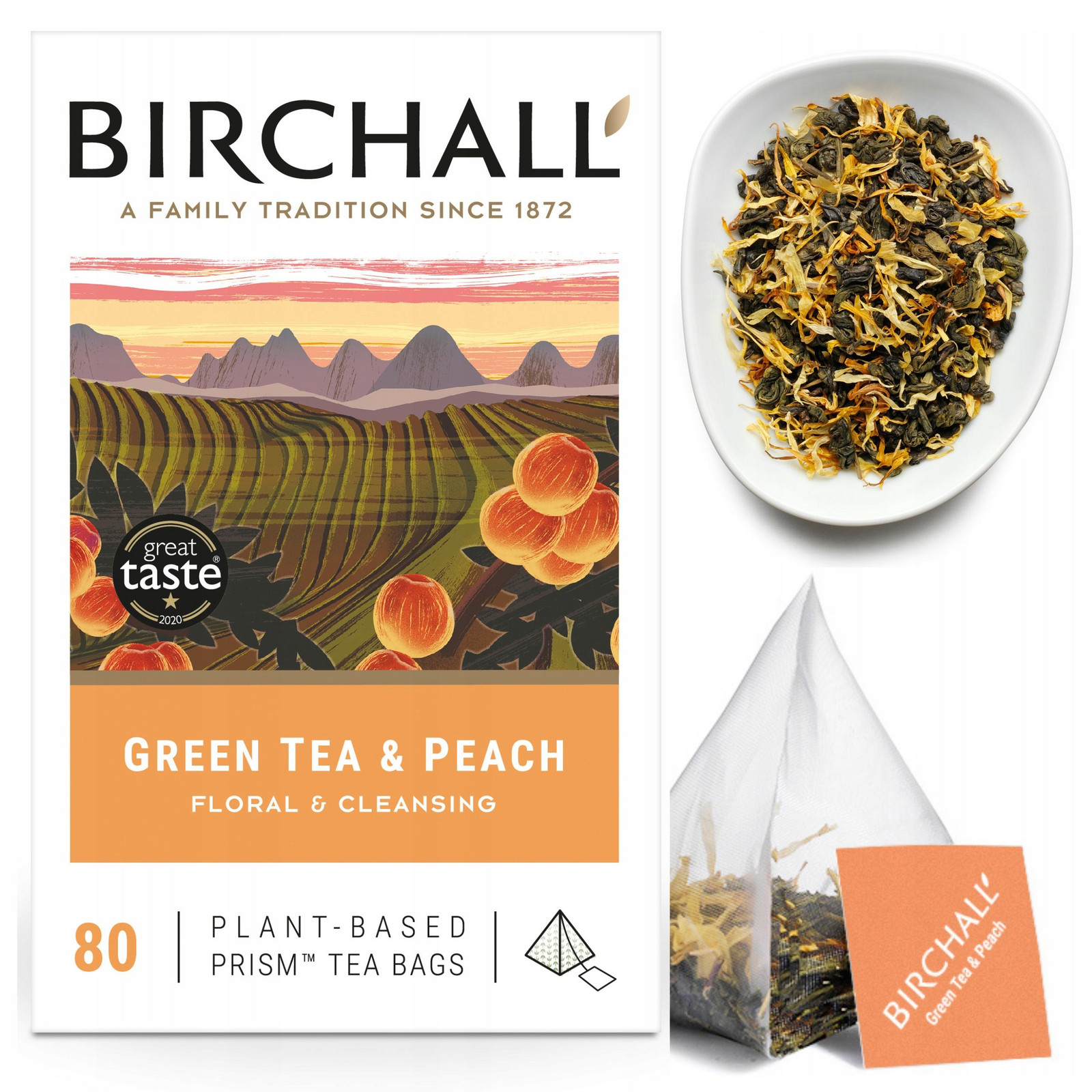 Anglický Čaj Birchall zelený s Broskví 80 ks 200 g pyramidy