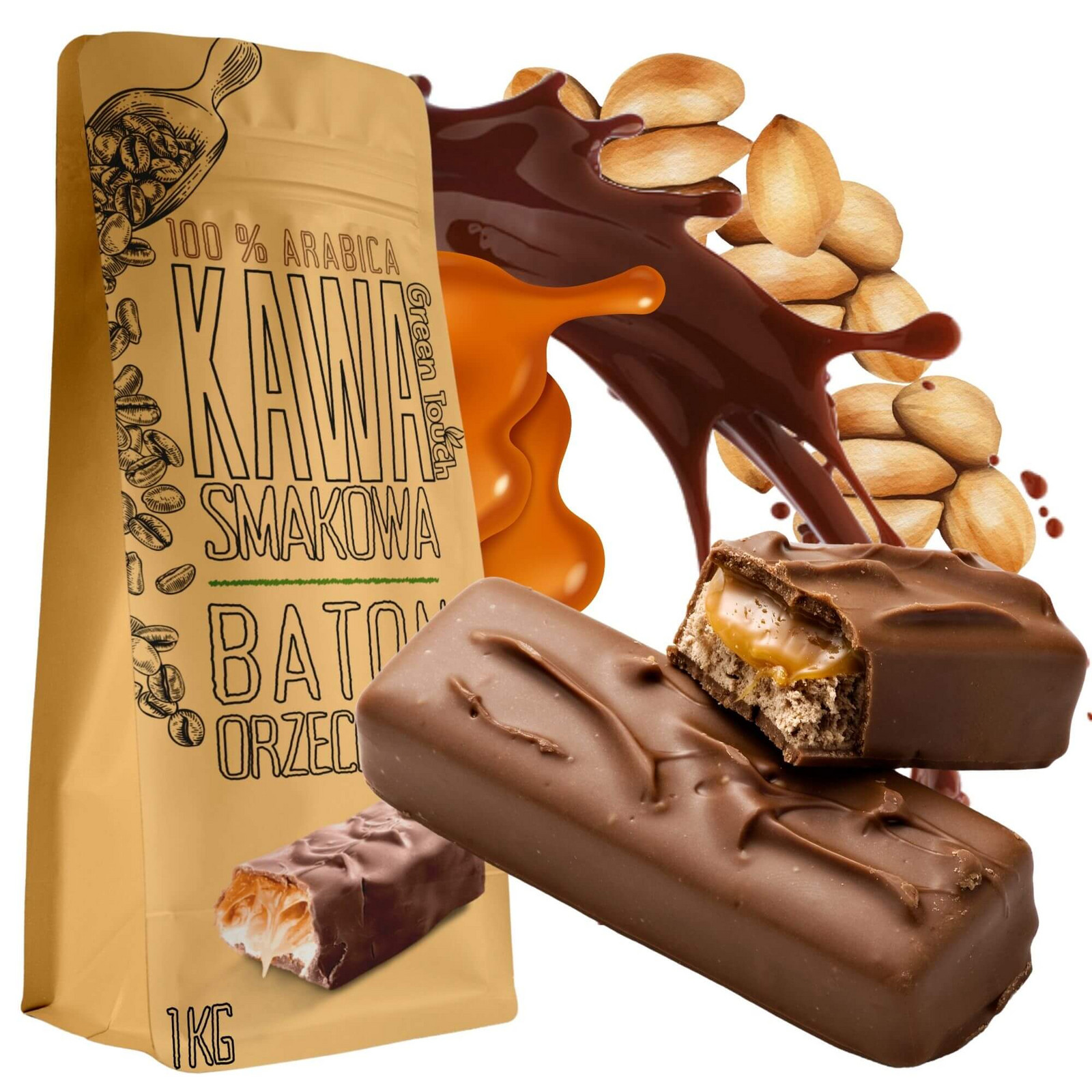 Mletá Káva ochucená Ořechová Tyčinka čokoláda karamel 1 kg Green Touch
