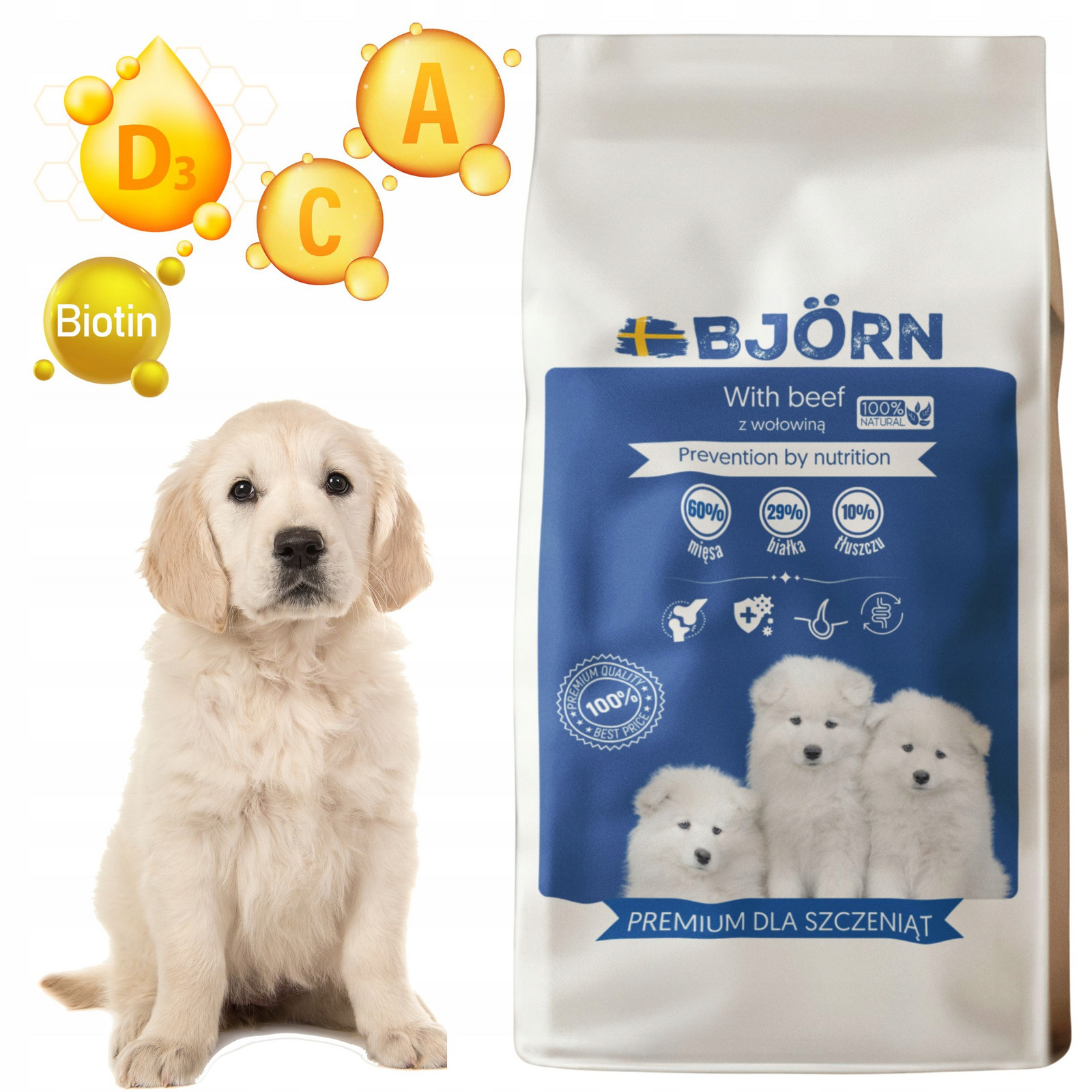 Suché Krmivo pro štěně psa 60 % Masa Vitamíny 29 % Bílkoviny 10 kg Bjorn