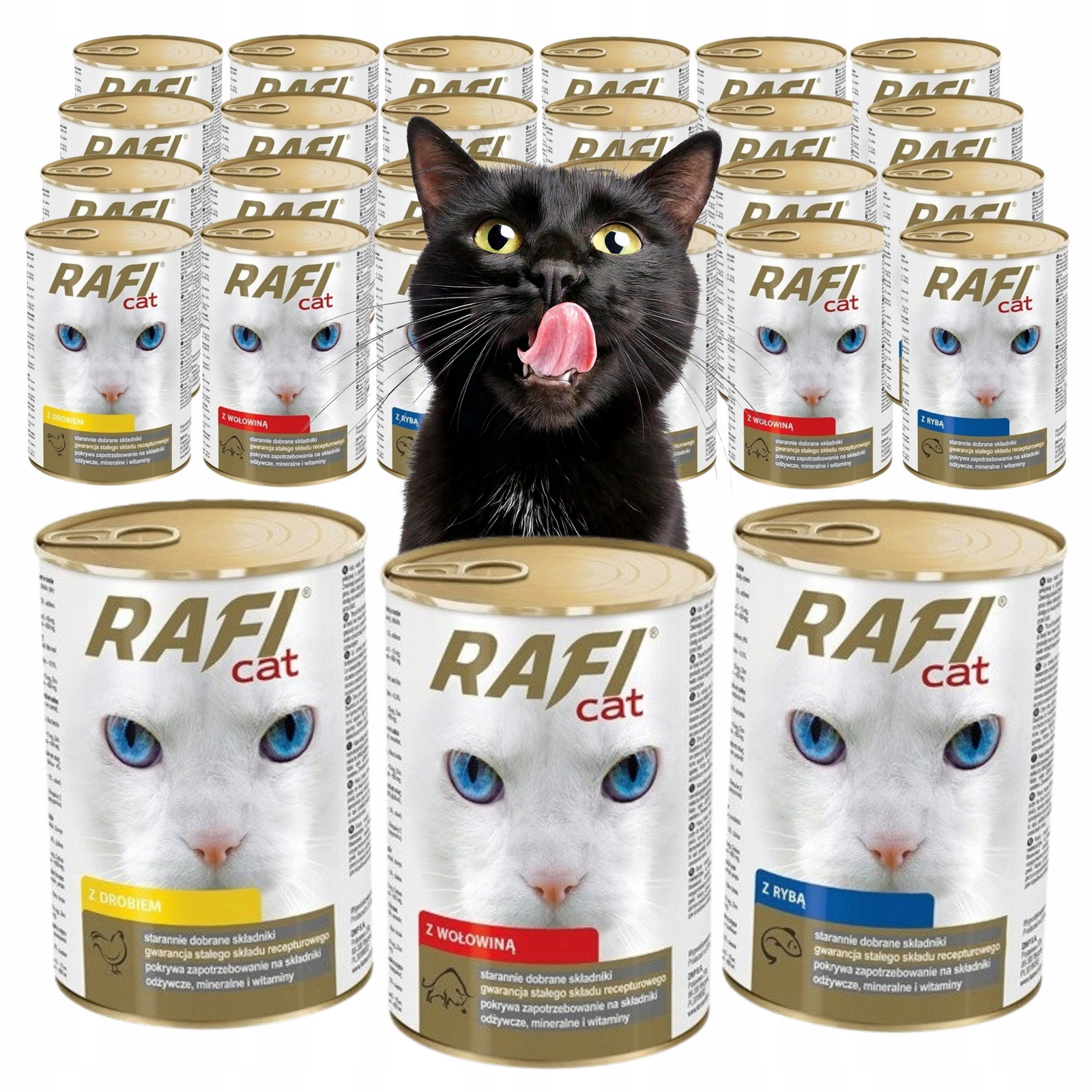 Rafi Cat vlhké krmivo konzervy Pro Kočky MIX Chutí hovězí drůbež ryba 24X415G