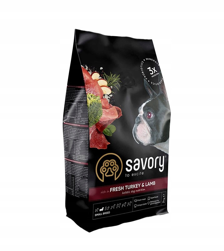 Savory, krmivo pro dospělé psy malých plemen, krůta s jehněčím masem, 3 kg
