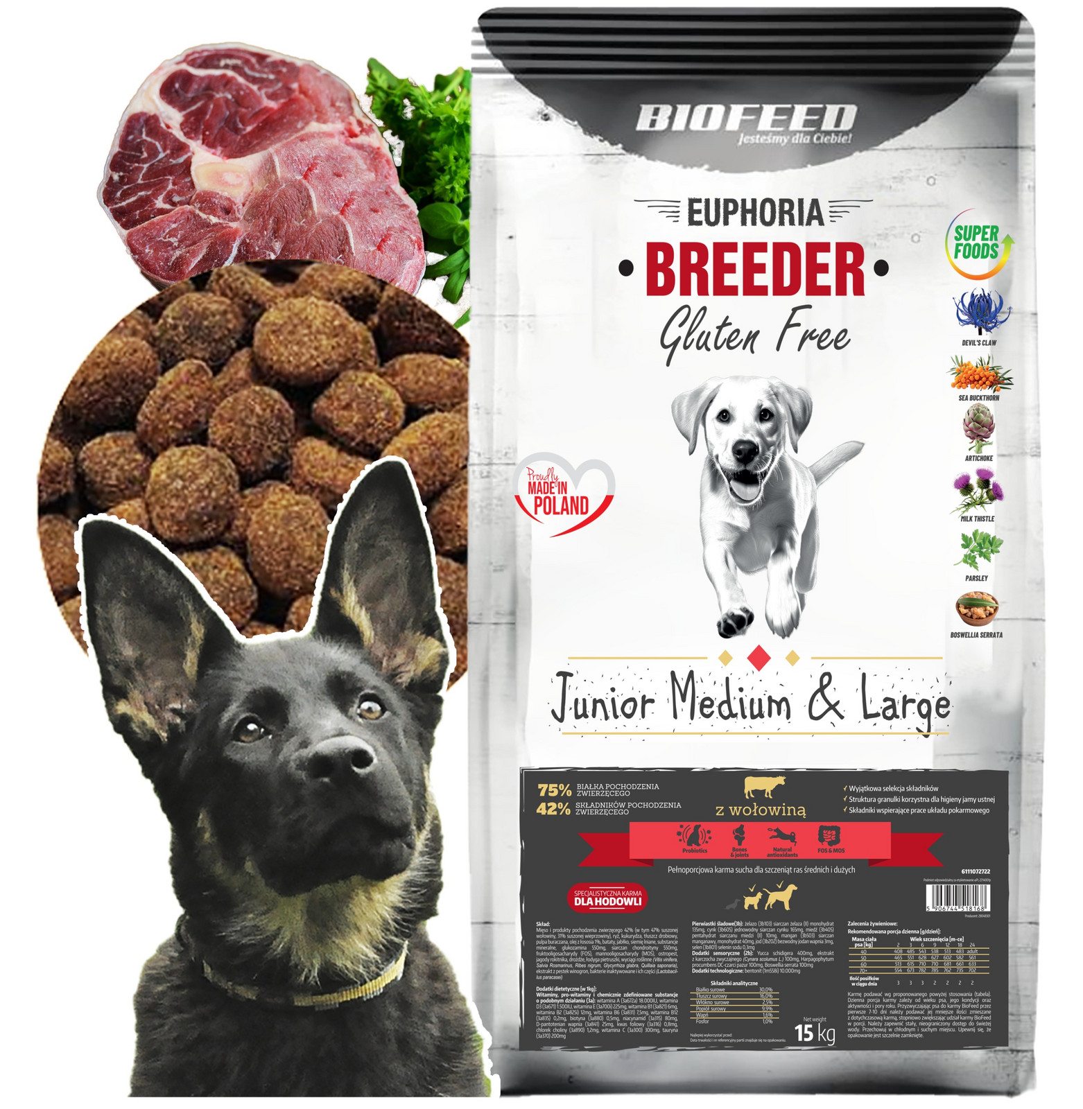 Biofeed Euphoria krmivo Bez Lepku Junior velké plemeno Hovězí 15 kg Dárek