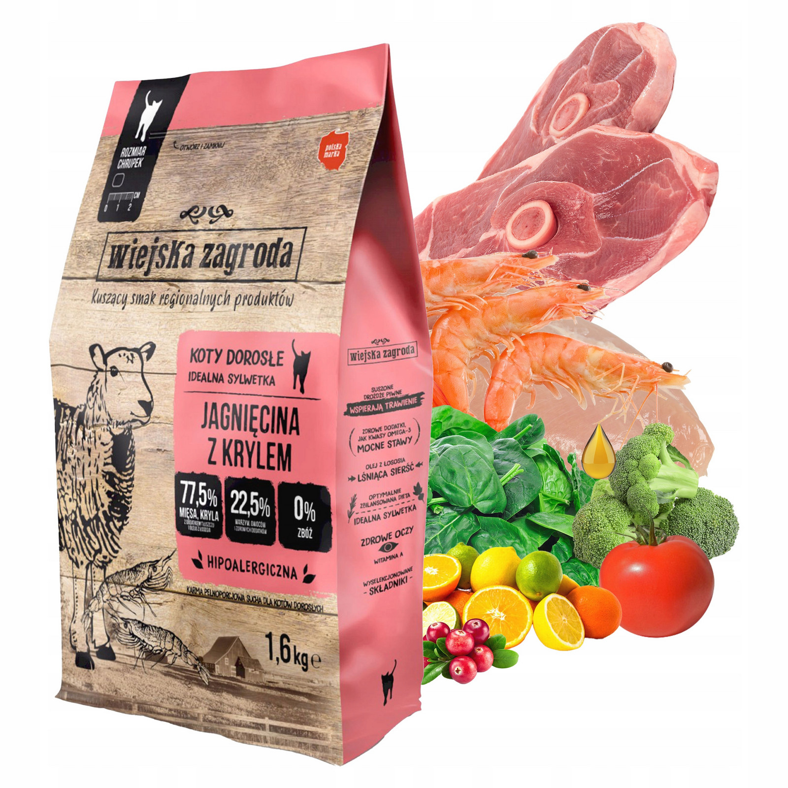 Wiejska Zagroda Kočka Jehněčí s krillem 1,6kg