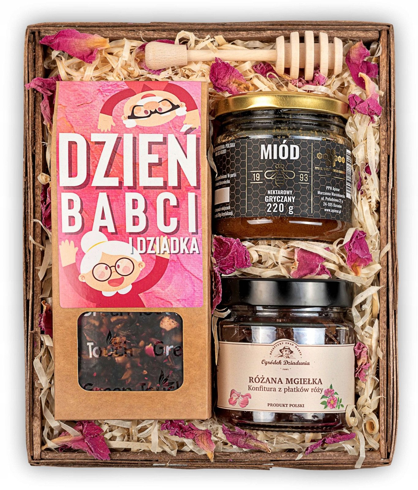 Dárková sada koš na Den Prarodičů čaj med zavařenina růžová