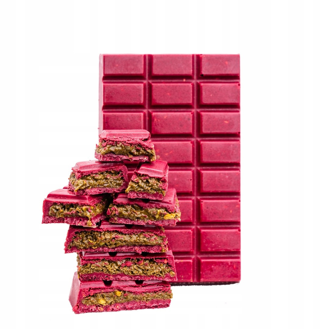 Čokoláda dubajská bílá s malinami pistáciová náplň Útulek Bukovin