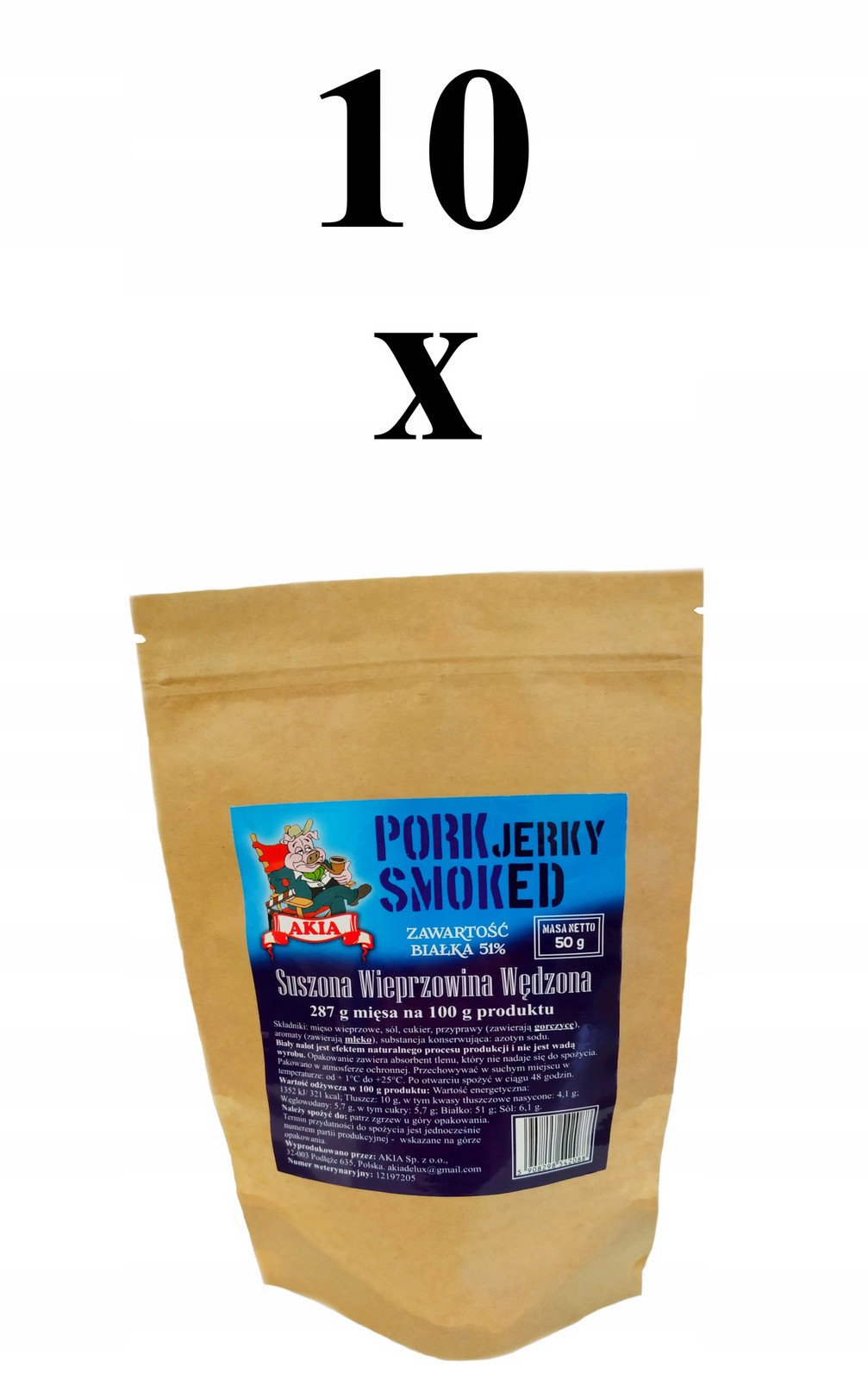 Akia Jerky, Sušené uzené vepřové maso 10x50=500 g