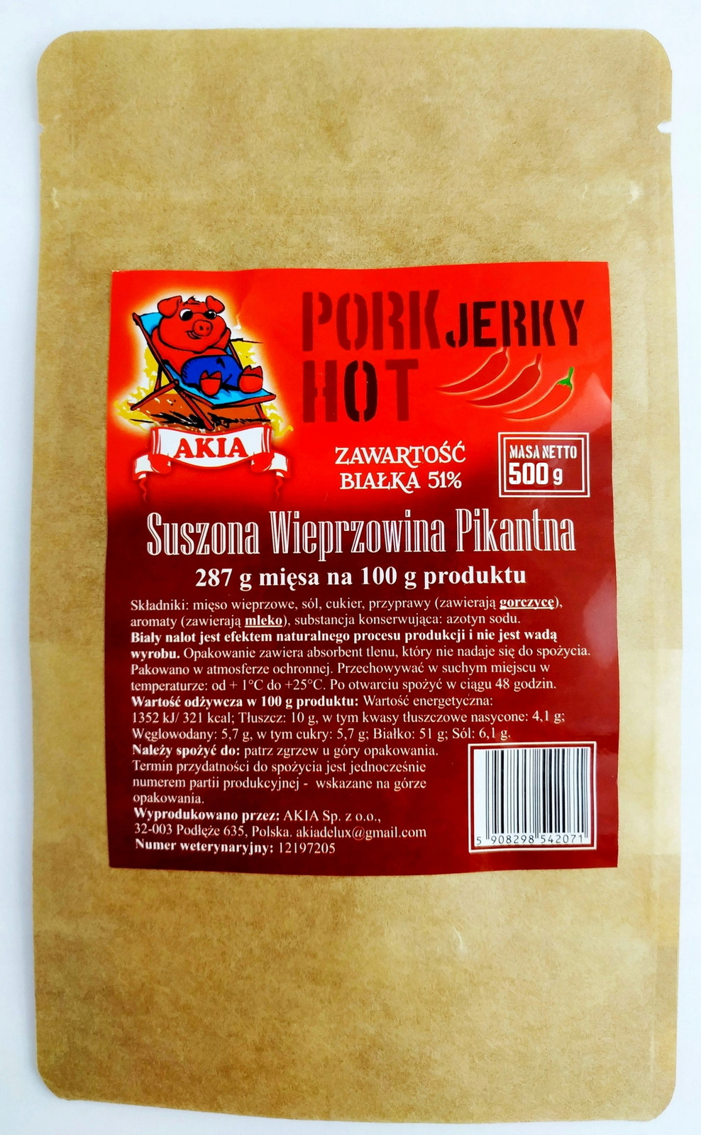 Akia Jerky, Sušené vepřové maso Hot 10 ks x 50 g