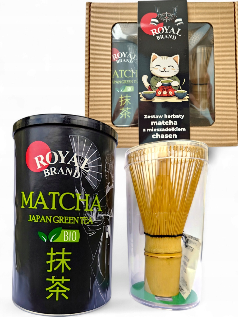Sada na čaj Matcha Japonský Bio 100 g s bambusovou metlou Chasen Kočka