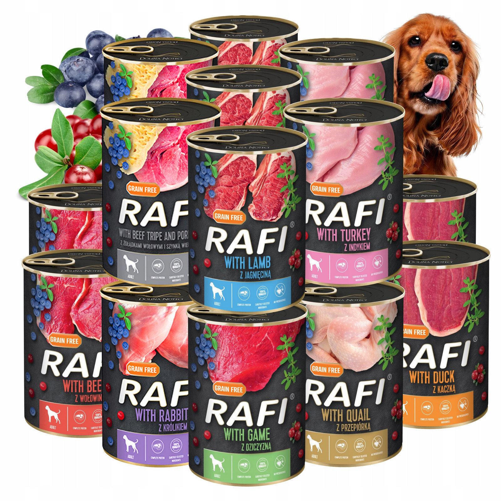 Rafi Bez Obilovin vlhké krmivo Plechovky Dolina Noteci MIX Chutí Pro Psa 16x400G