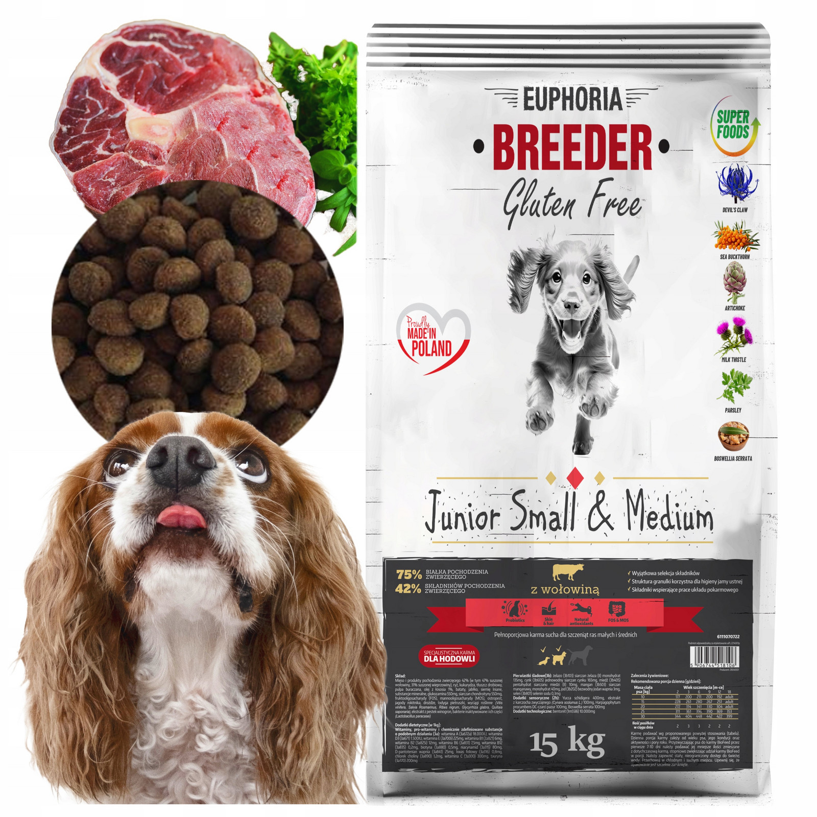 Biofeed Euphoria Bezlepkové krmivo pro Junior středního psa Hovězí 15kg+ Bonus