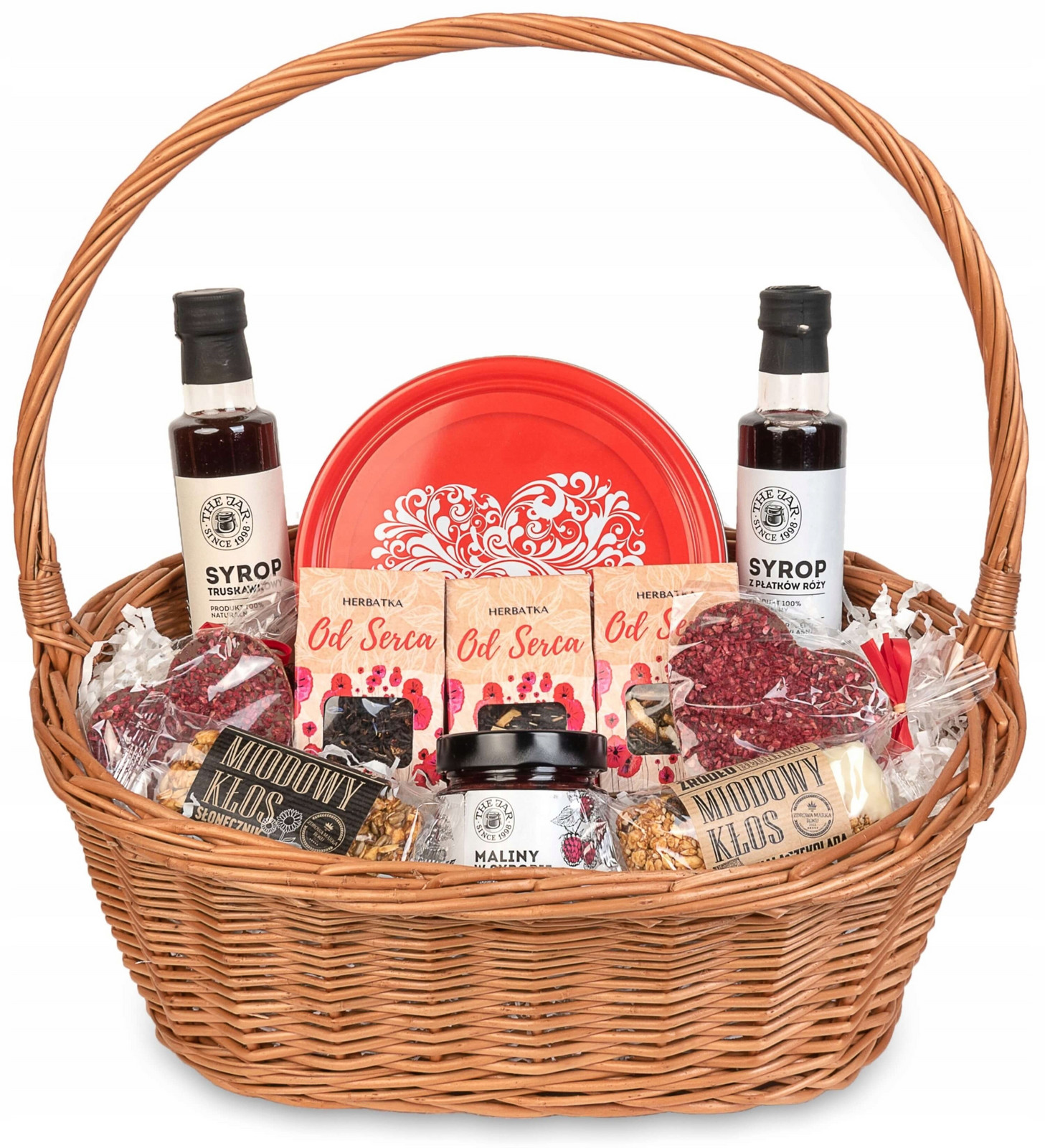 Dárkový koš Velký Od Srdce sušenkami a čajem čokoládové sirupy sada