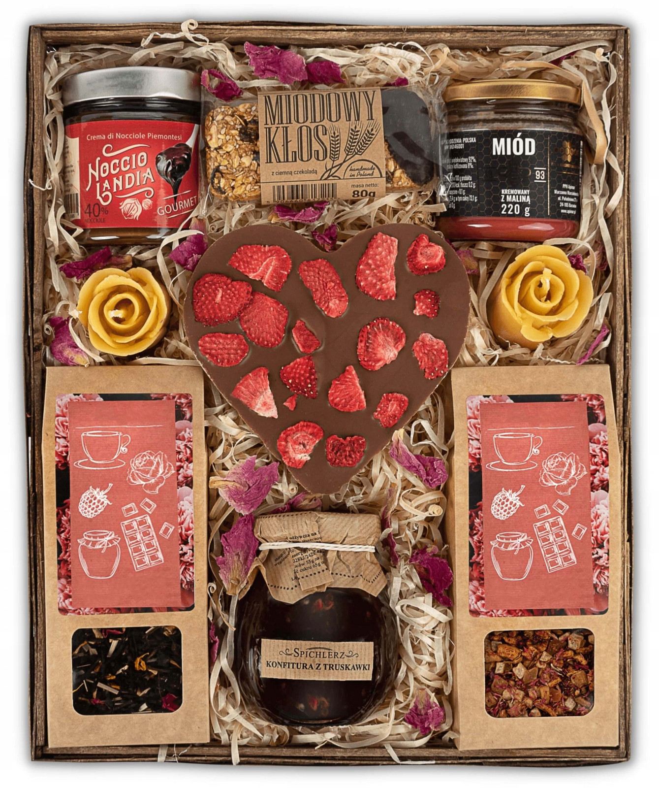 Dárkový koš čajový set od srdce čokoláda krém tyčinka medové svíčky box