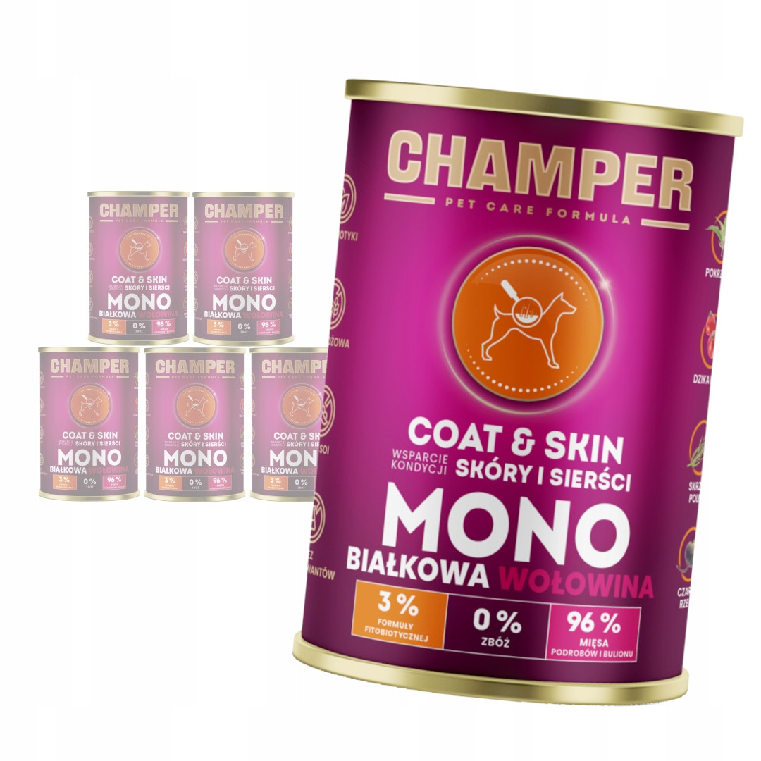 Champer Coat & Skin 6x400g Monoproteinové Mokré Krmivo pro psa s hovězím masem
