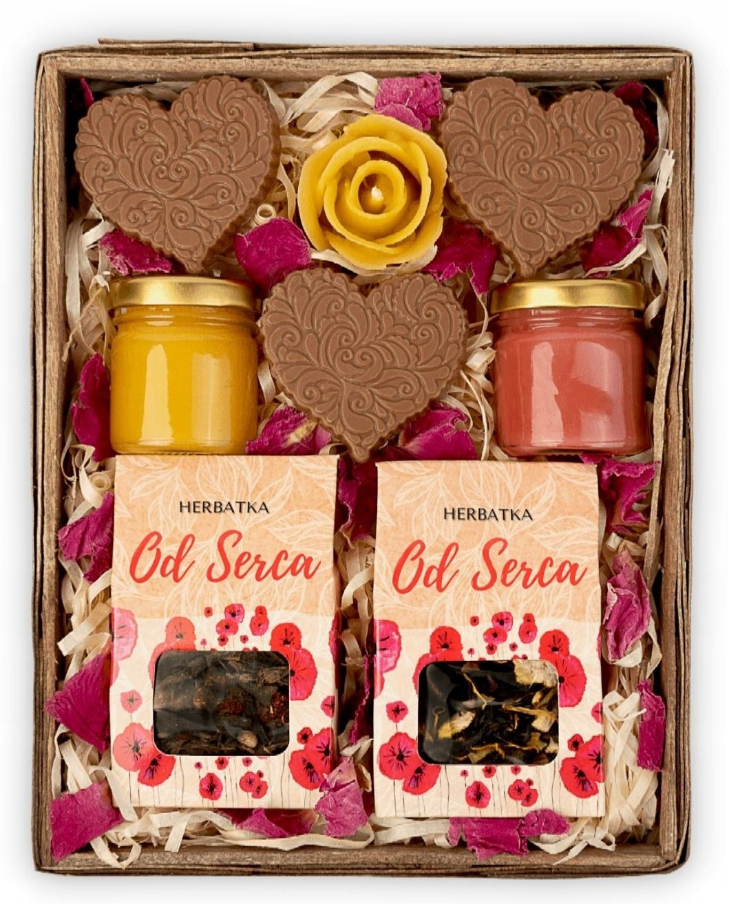 Dárkový koš sada čokoládová svíčka med a čaj jako dárek od srdce