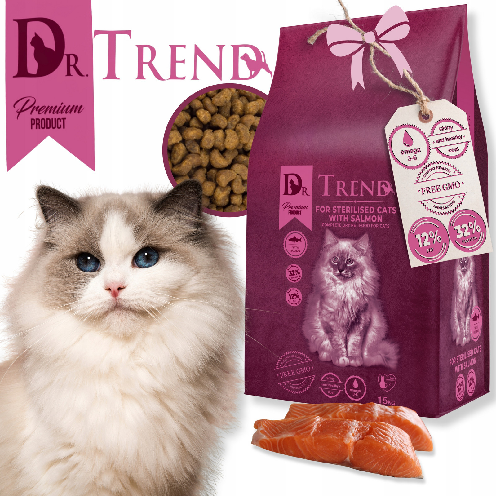 Dr. Trend „Sterilised“ Premium suché krmivo pro kočky s lososem 15 kg