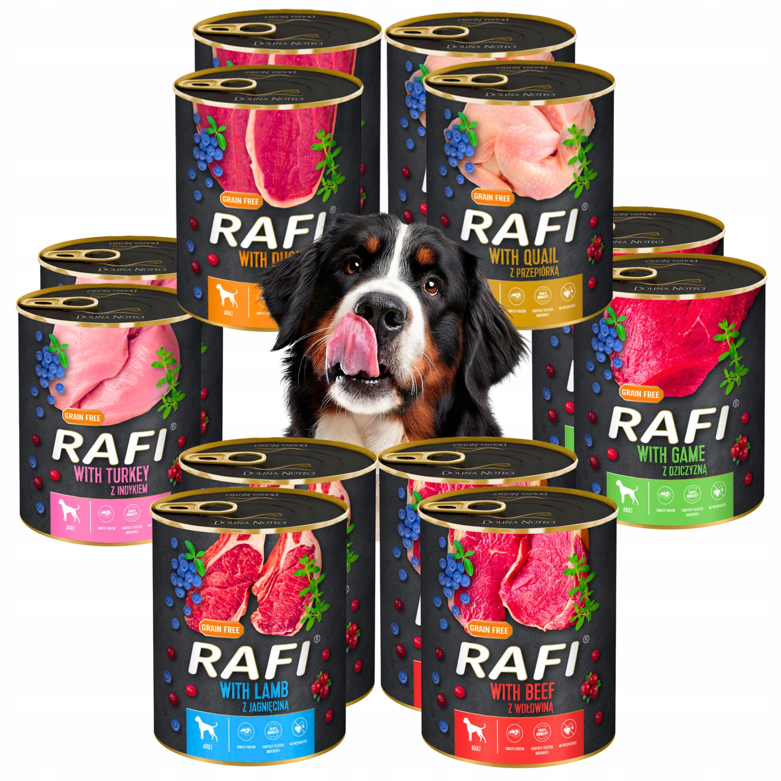 Rafi Bez Obilovin vlhké krmivo Plechovky Dolina Noteci MIX Chutí Pro Psa 12x800G