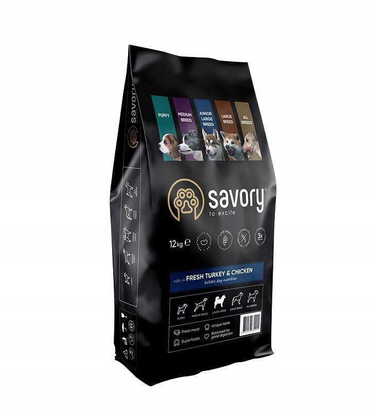 Savory, suché krmivo pro psy, juniory, velká plemena, krůta a kuře, 12 kg