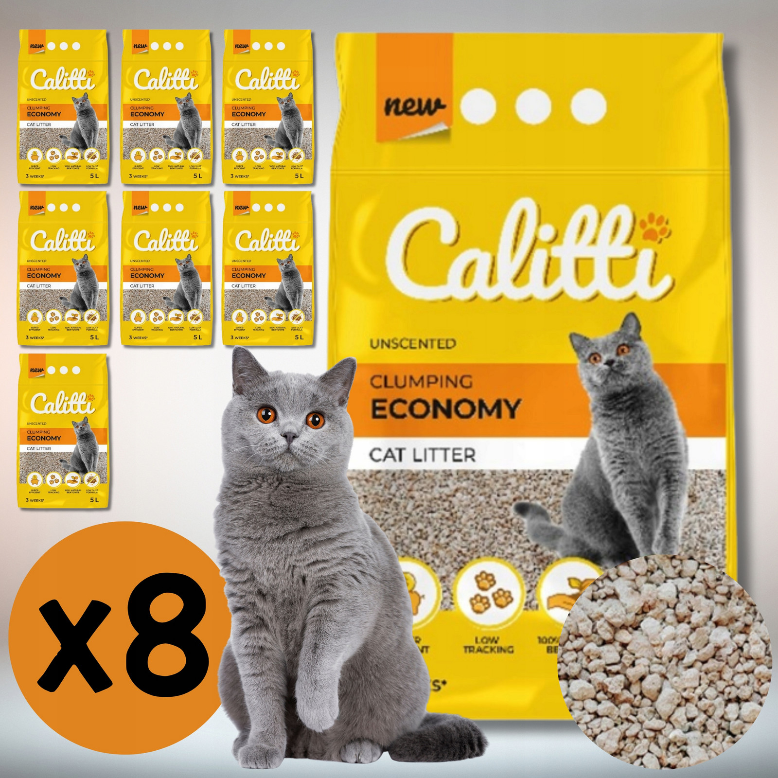 Stelivo pro kočky přírodní Calitti Economy účinný 100% bentonit – 8x 5l