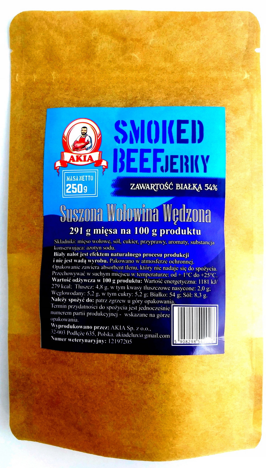 Akia Beef Jerky Smoked, Sušené hovězí maso 250 g