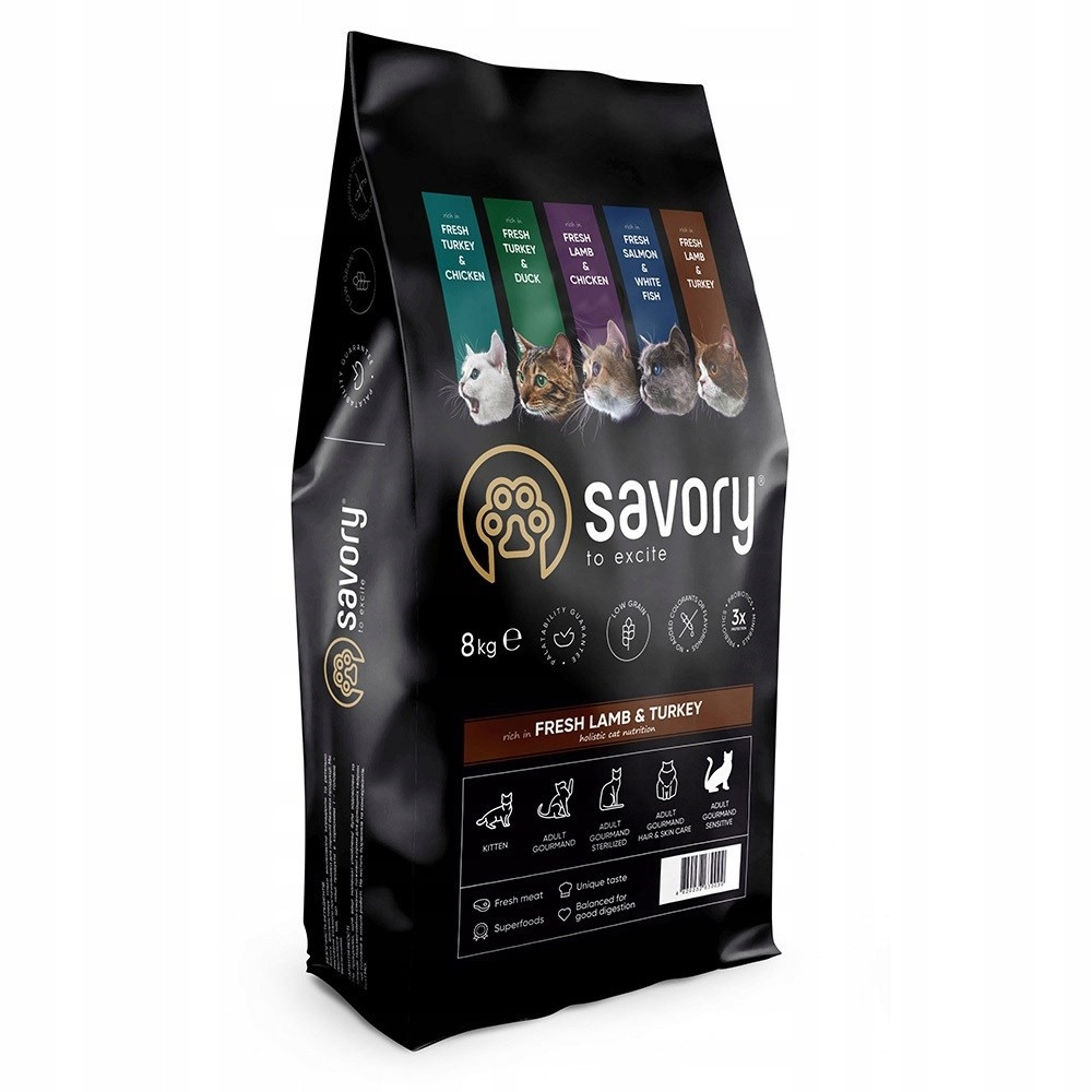 Savory, krmivo pro dospělé kočky, krůta a jehněčí maso, 8 kg