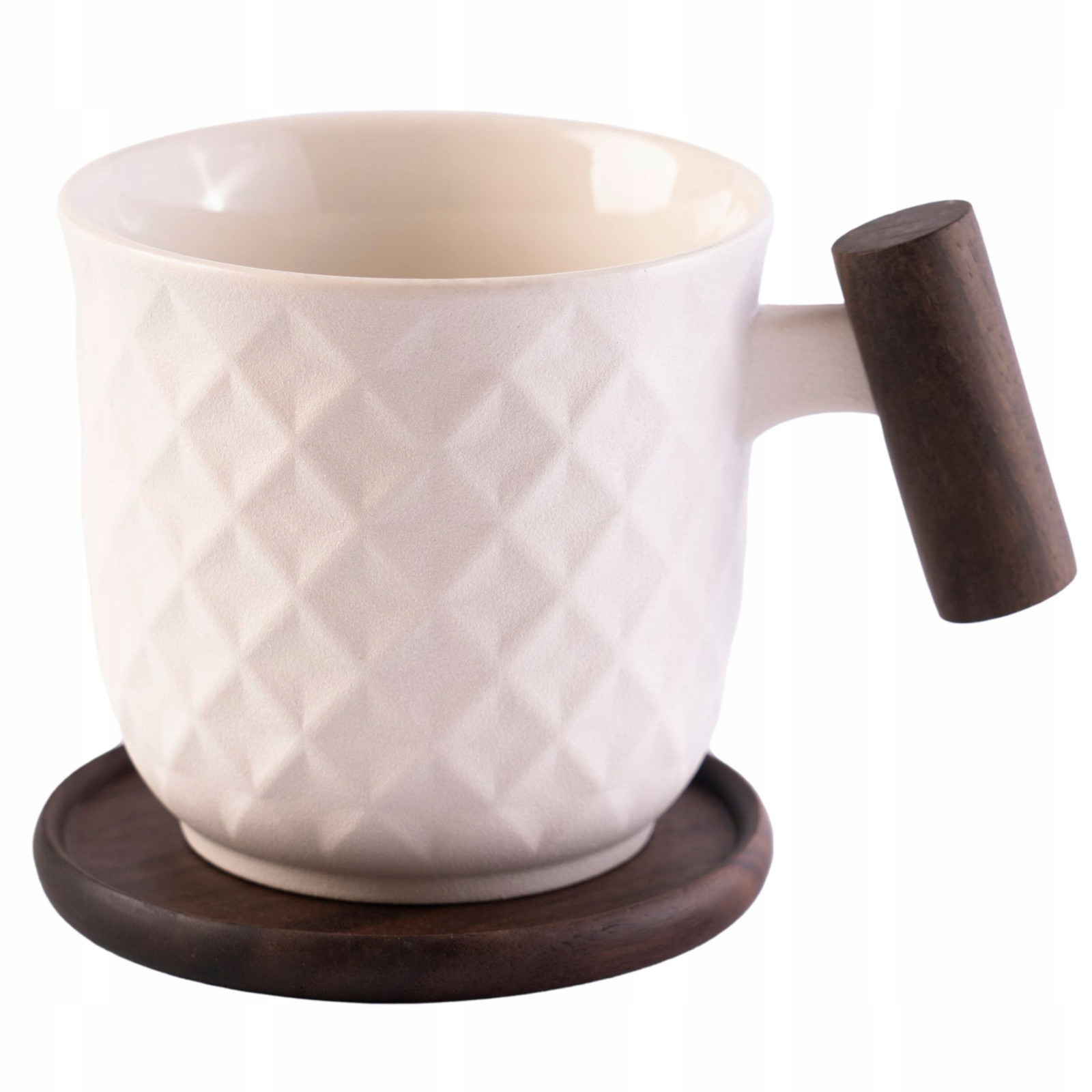 Hrnek bílý porcelánový 450 ml moderní vzor s dřevěným podstavcem