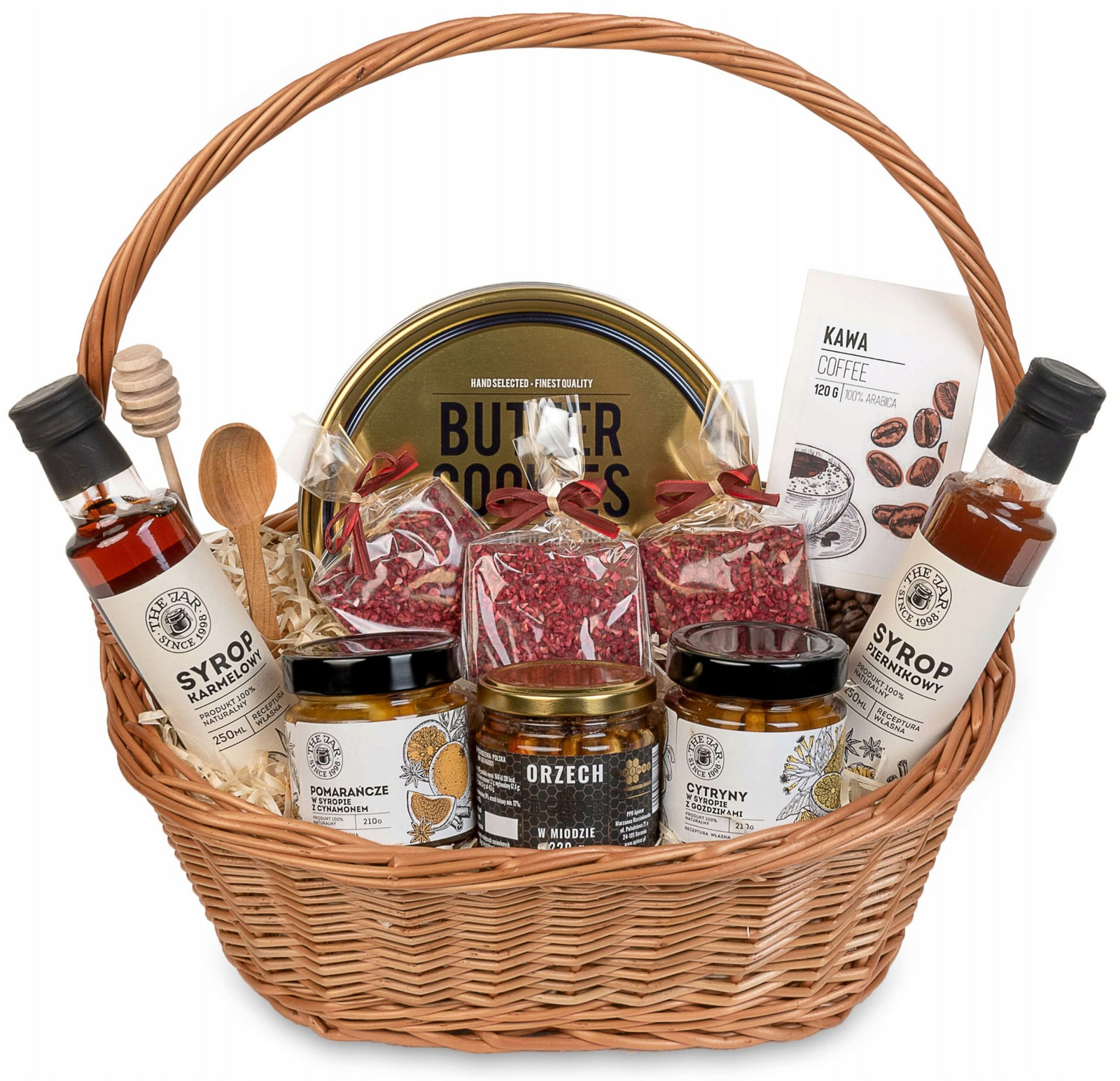 Dárkový koš proutěný set čokoládové sušenky káva zavařeniny sirupy