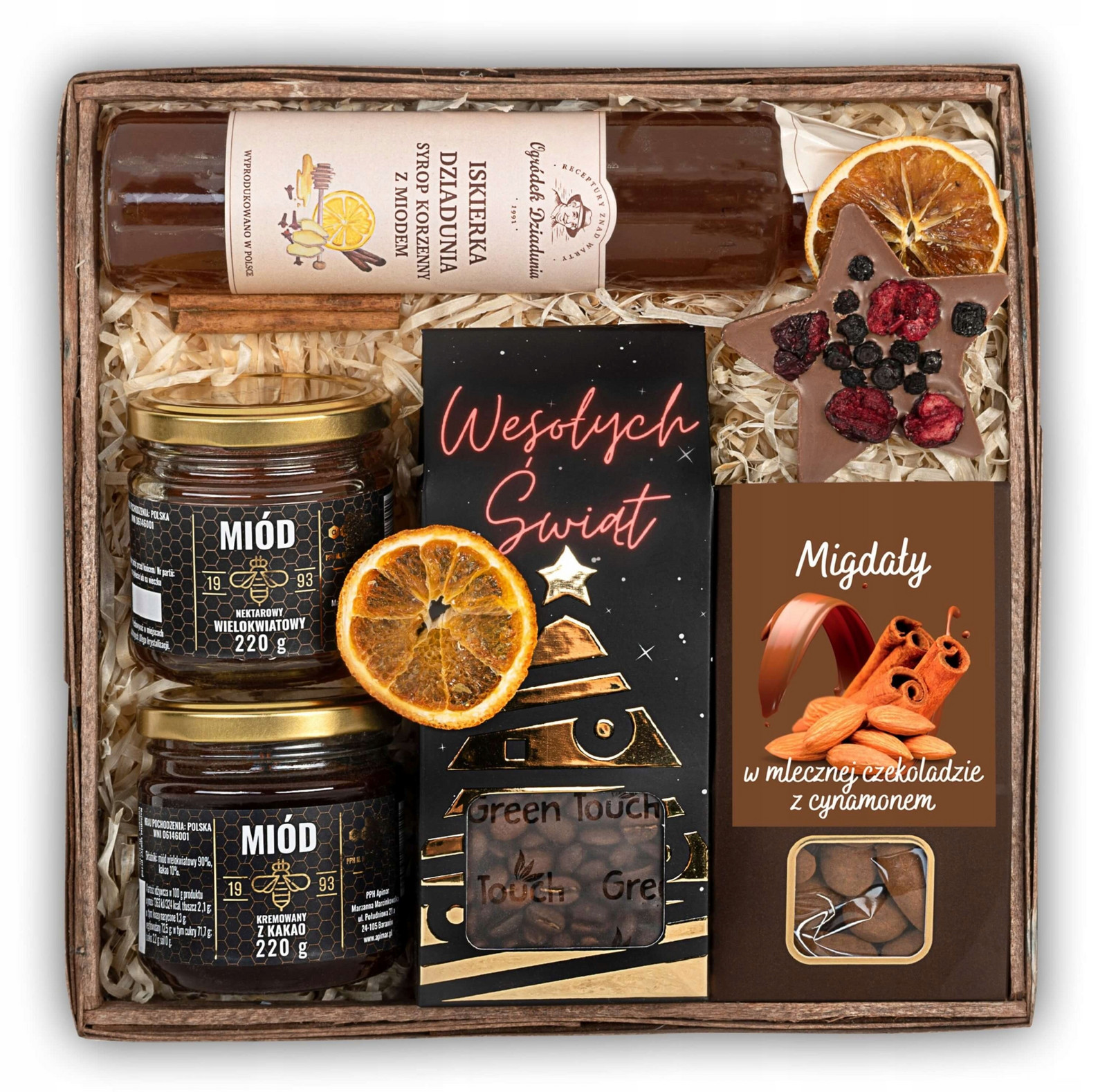 Vánoční dárkový koš medu káva sirup čokoláda mandle se skořicí