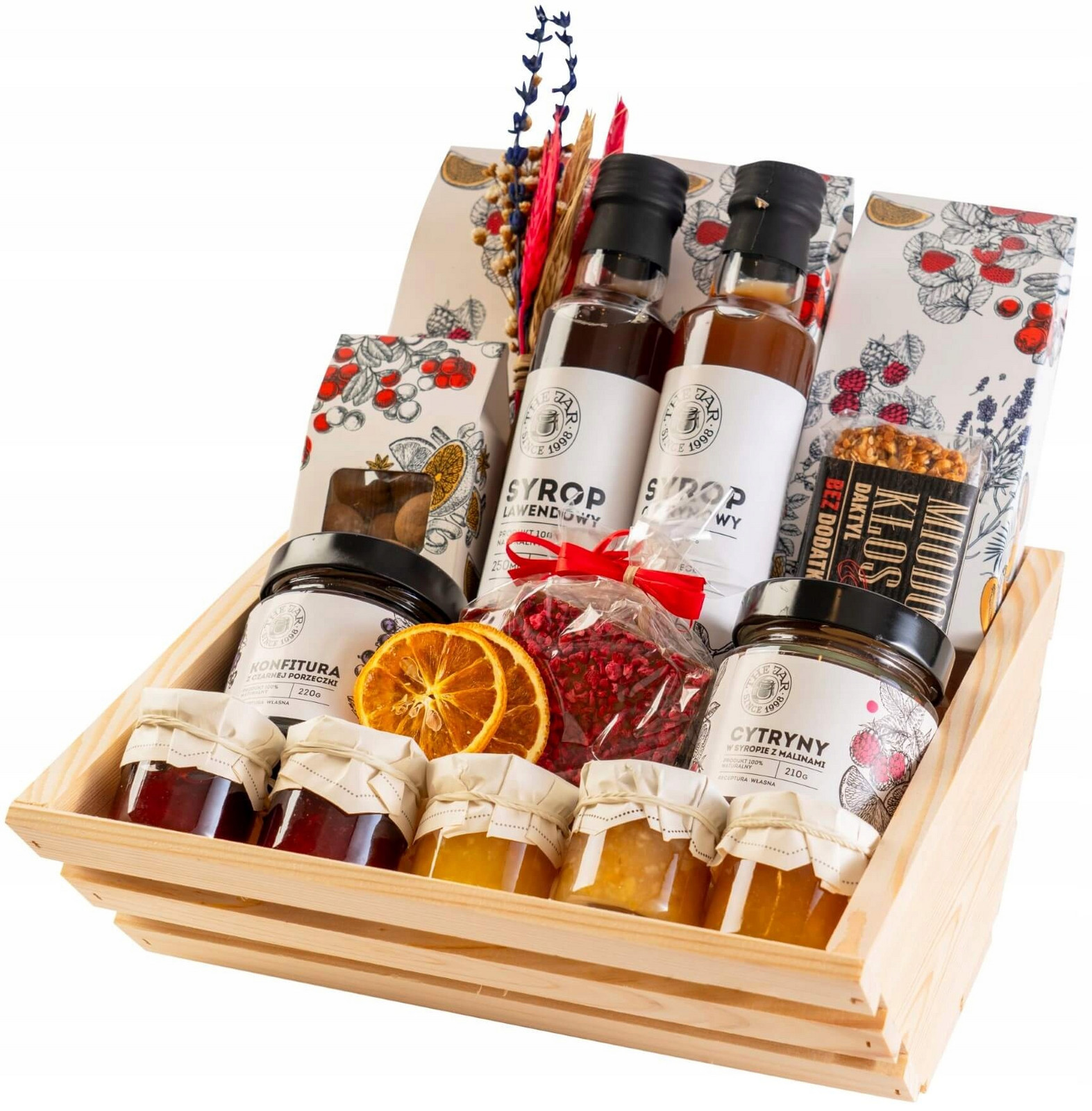 Dárkový Koš čajový set sirupy džemy čokoláda sladkosti džemy