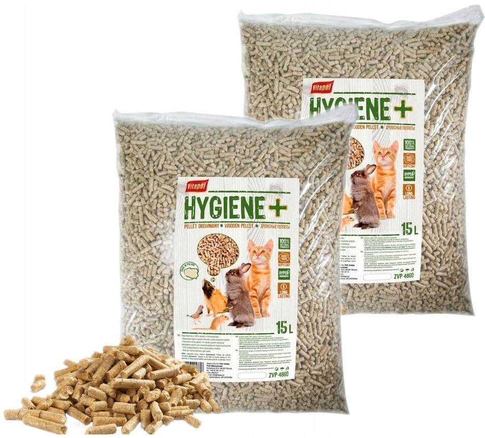 Stelivo dřevěné Podestýlkové pelety pro kočky králík Vitapol Hygiení hlodavci 2x15L 20kg