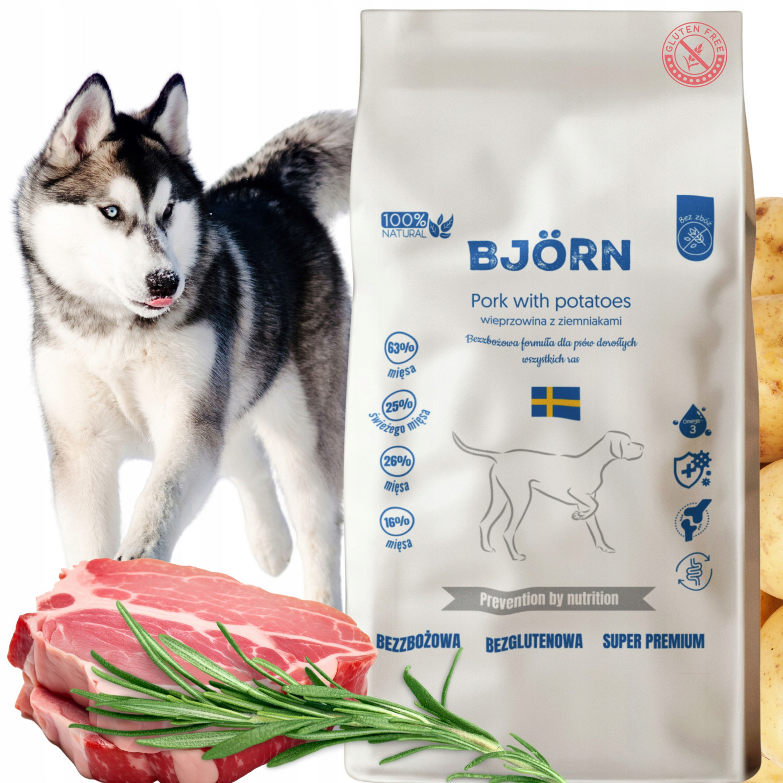 Suché krmivo krmivo pro psy Pork with Potatoes 65% Maso 10 kg Björn