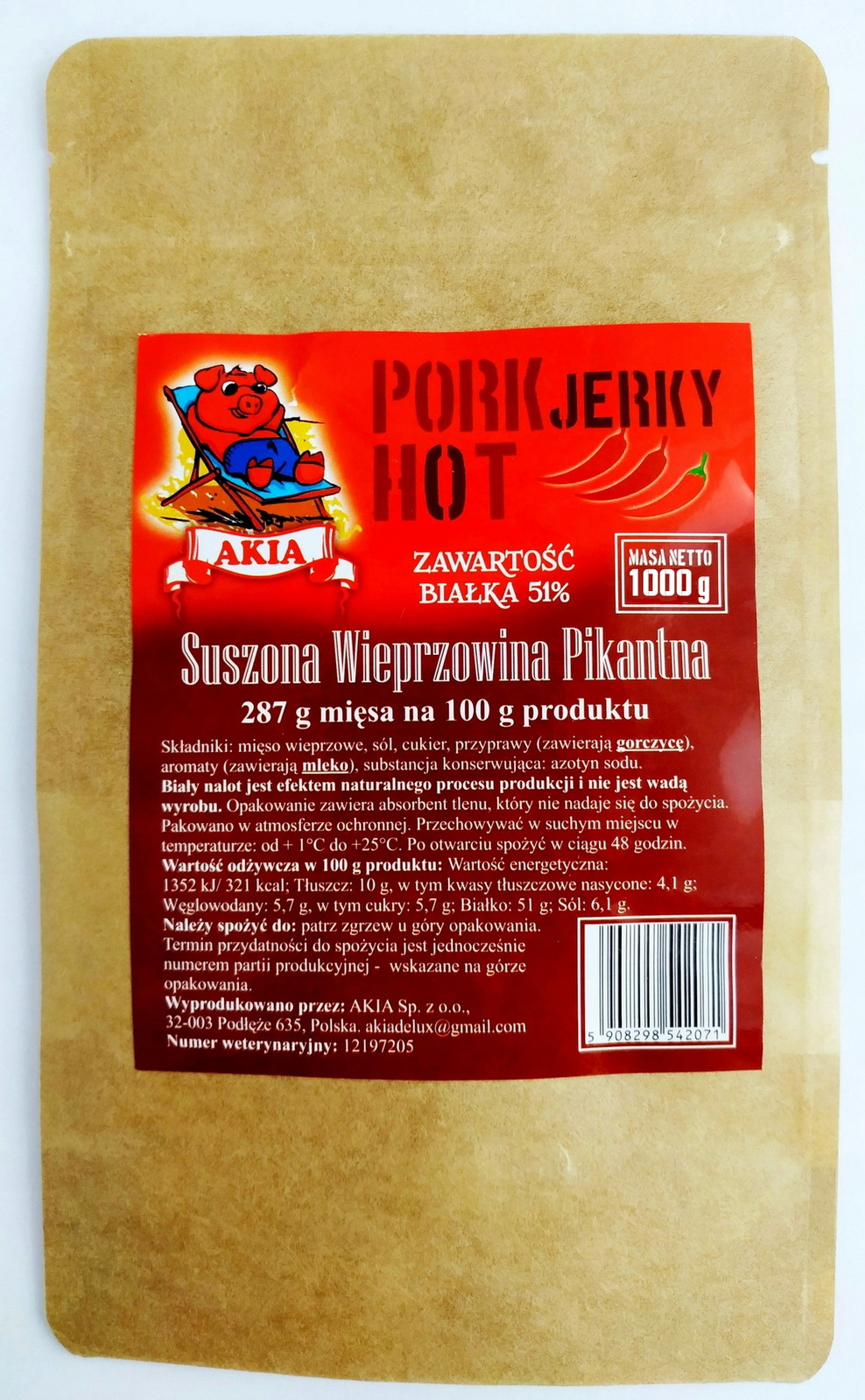 Akia Jerky, Pikantní sušené vepřové maso, 1000 g