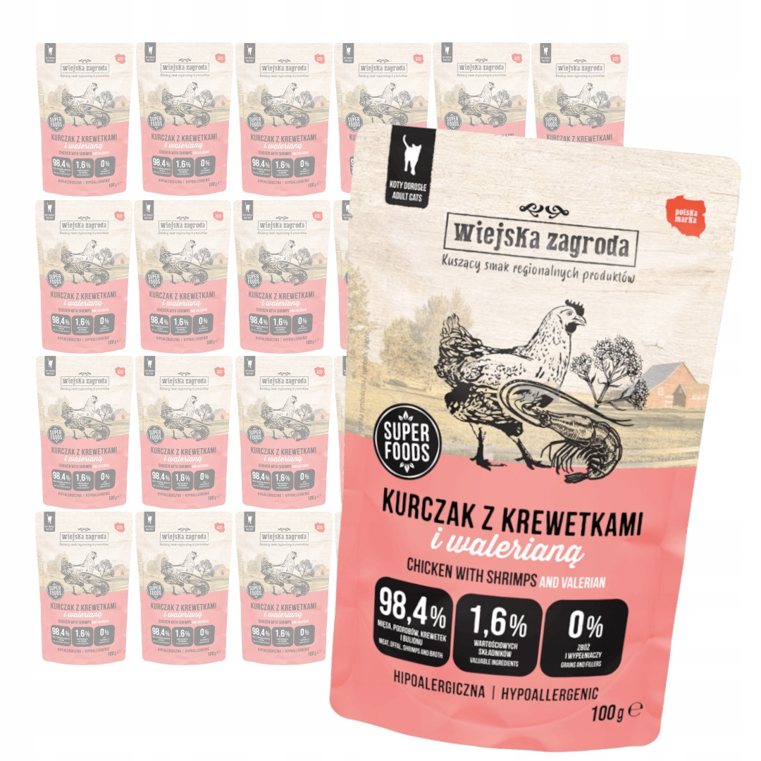 Wiejska Zagroda 24x100g Mokré Krmivo Pro Kočky Kuřecí krevety a valerián