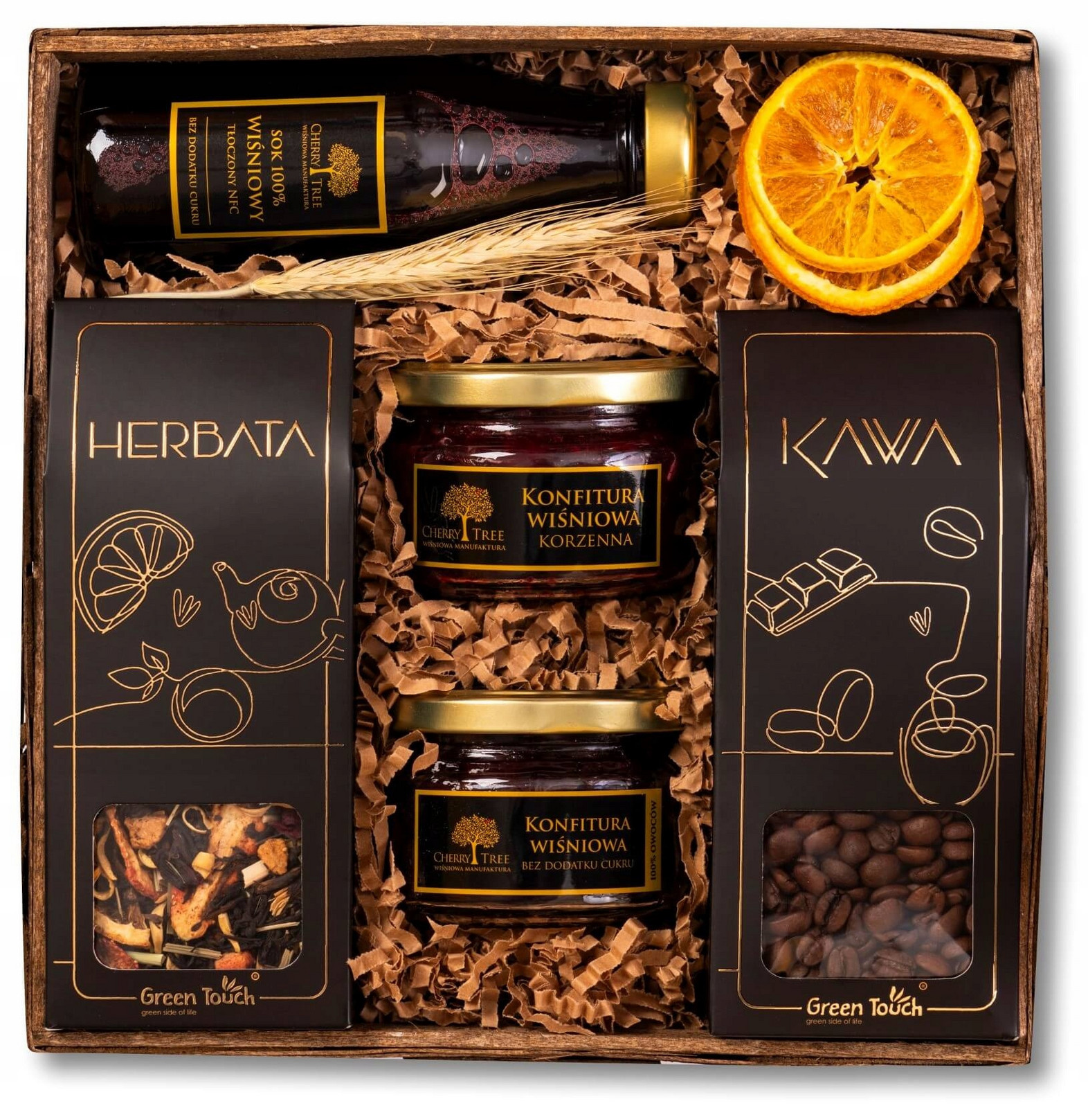 Dárkový Koš suvenýr sada čaj káva džemy třešňové a nfc šťáva